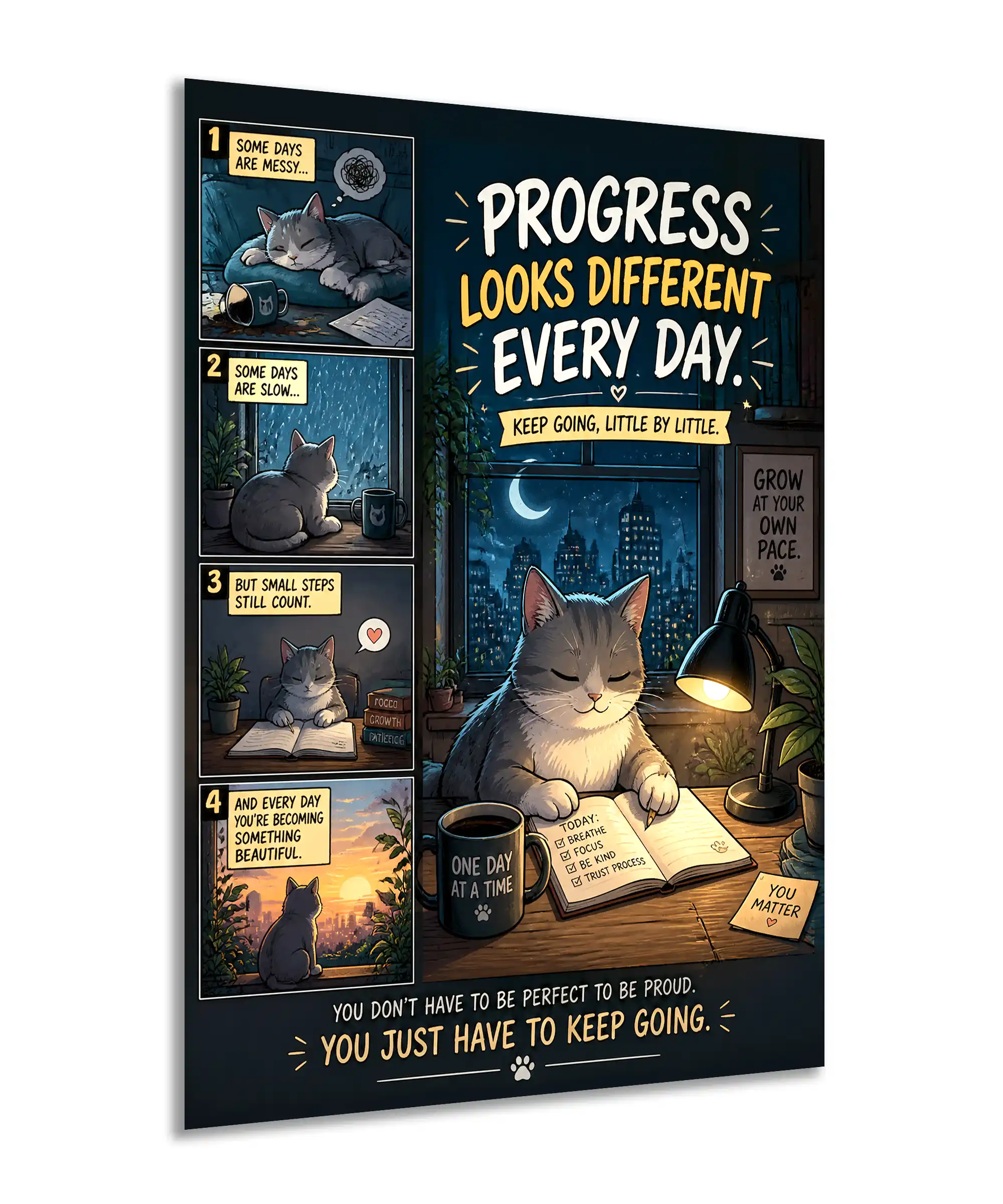 Progress Cat Motivational Poster 2 painting Angled gray cat progress poster with city window, notebook, coffee mug, and encouragement