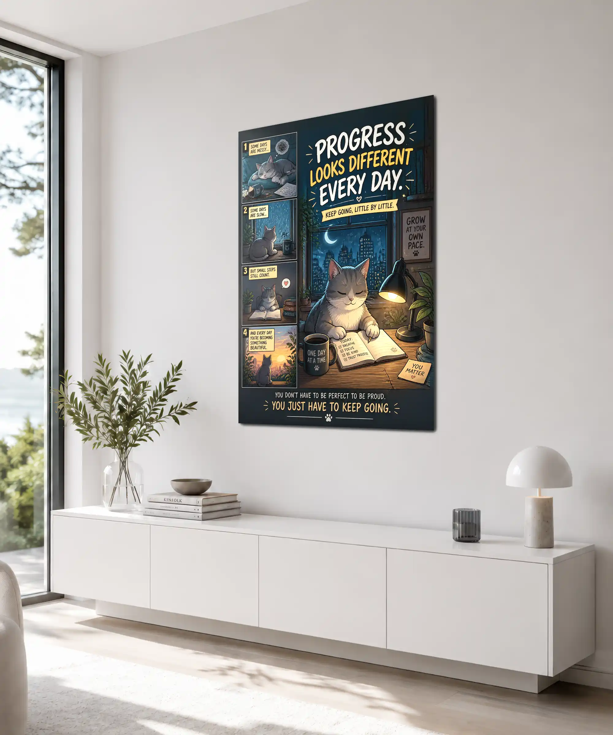Progress Cat Motivational Poster 4 painting Angled motivational cat poster displayed in a warm study room interior