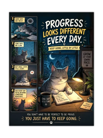 Gray cat motivational poster showing daily progress, journaling, coffee, and warm desk light
