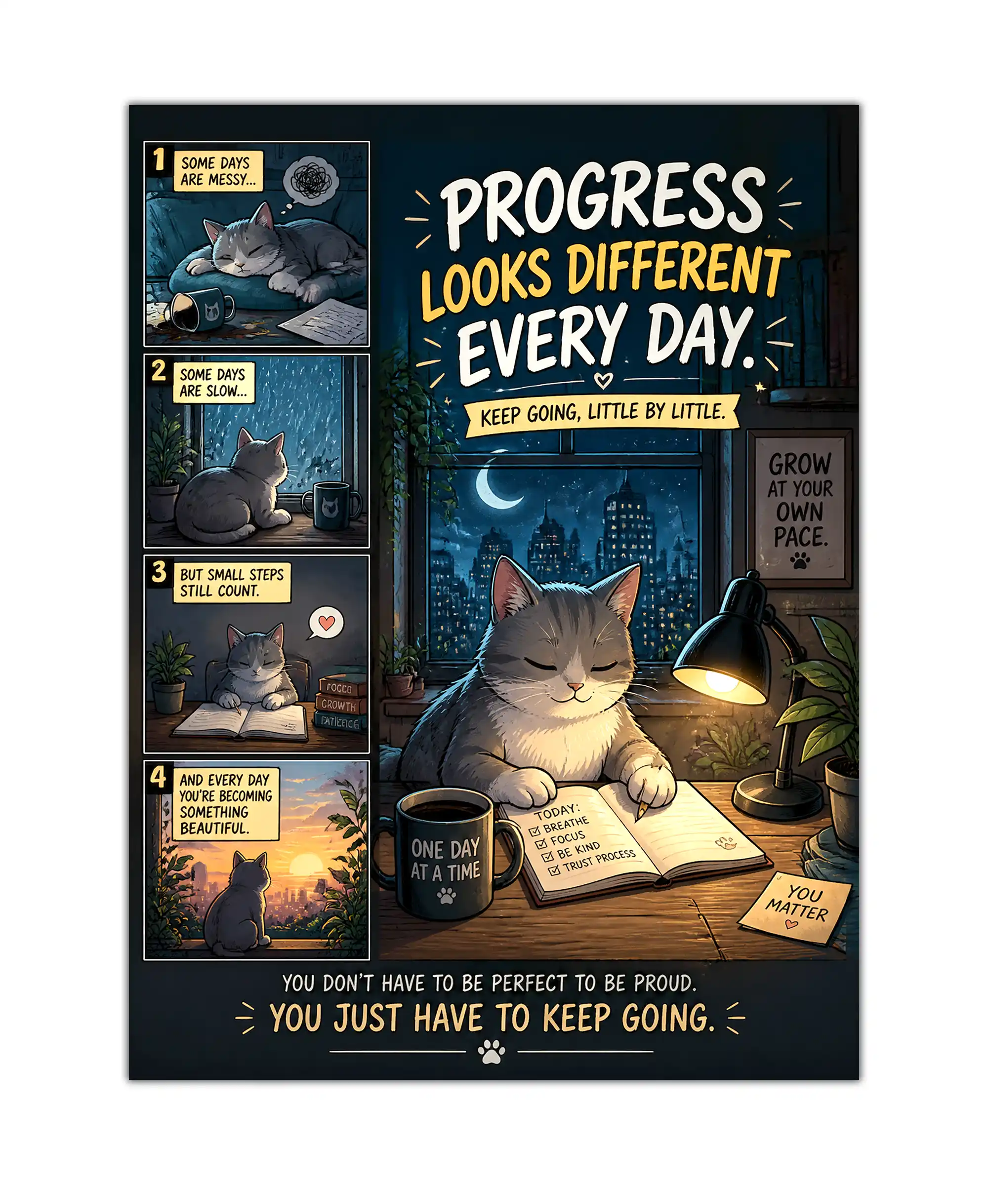 Progress Cat Motivational Poster 1 painting Gray cat motivational poster showing daily progress, journaling, coffee, and warm desk light