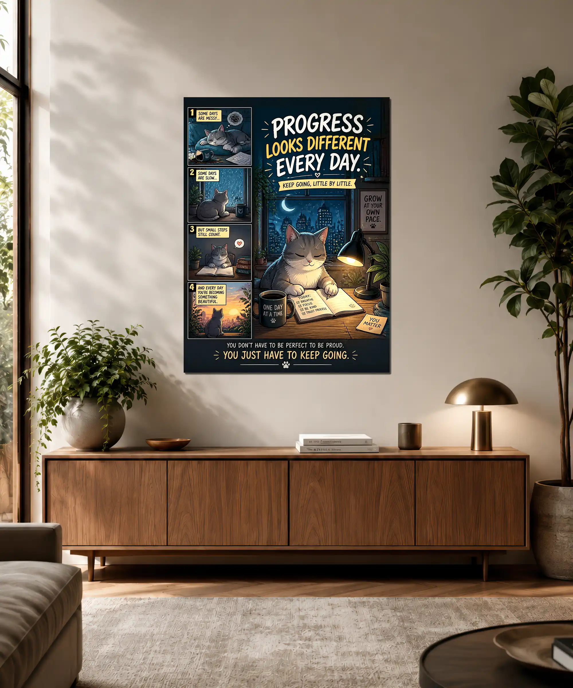 Progress Cat Motivational Poster 3 painting Gray cat progress poster displayed in a cozy home office with desk and plants