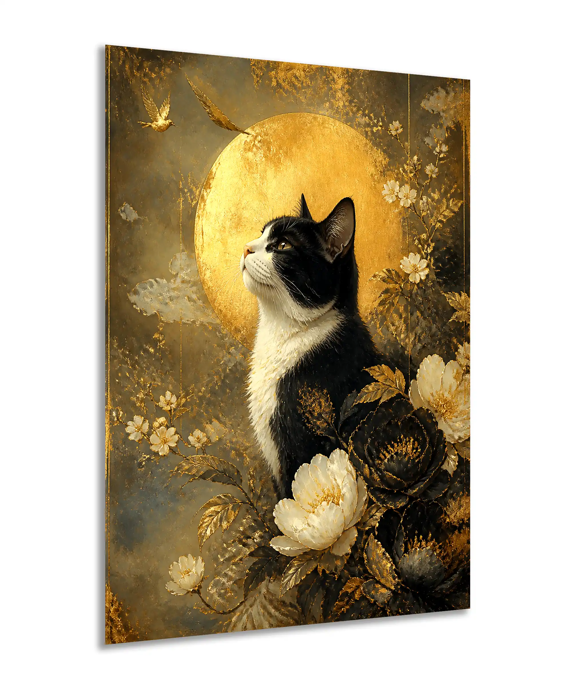 Moonlit Tuxedo Cat Aesthetic Poster 2 painting Angled moonlit tuxedo cat poster with golden florals and a dark botanical design