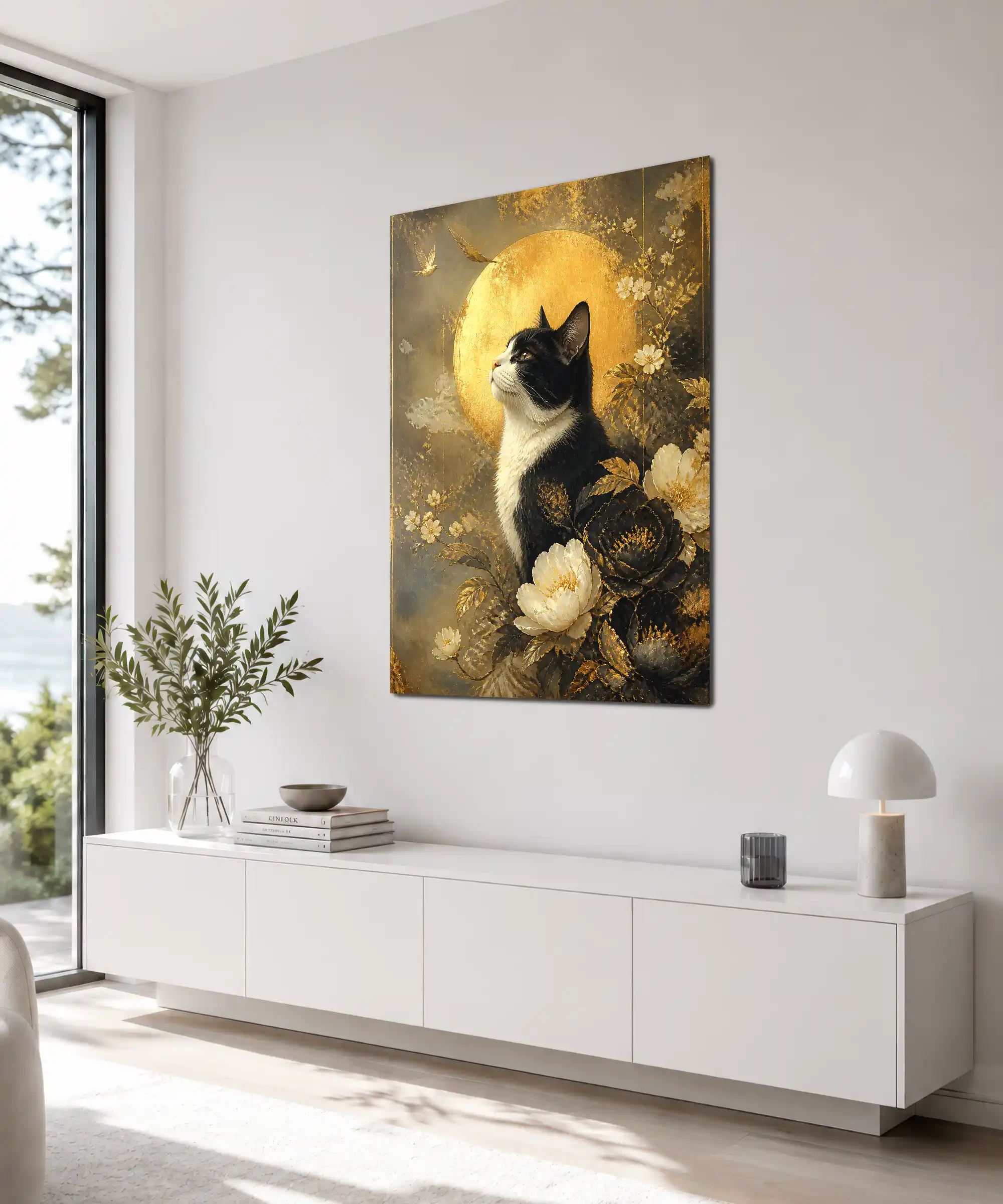 Moonlit Tuxedo Cat Aesthetic Poster 4 painting Angled tuxedo cat wall poster displayed indoors with golden moon and floral details