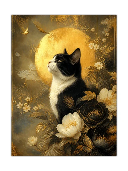 Tuxedo cat beneath a golden moon with dark flowers in an elegant wall poster