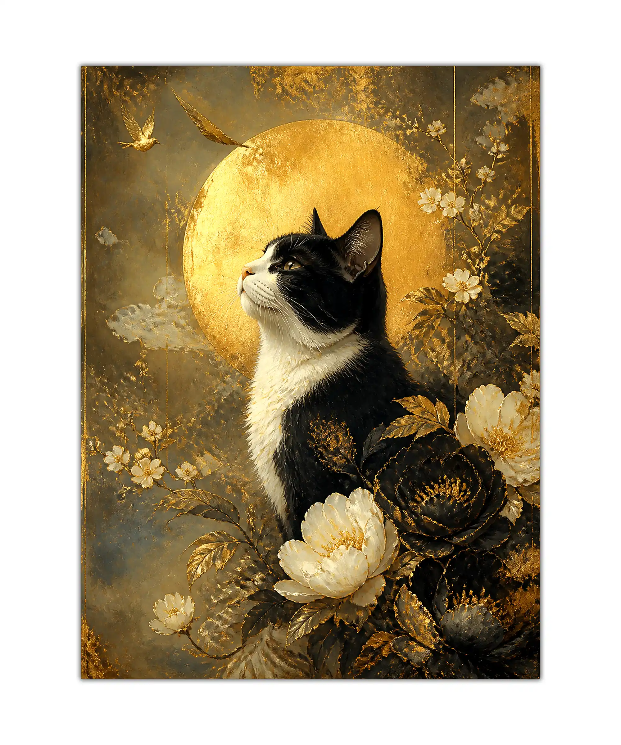 Moonlit Tuxedo Cat Aesthetic Poster 1 painting Tuxedo cat beneath a golden moon with dark flowers in an elegant wall poster