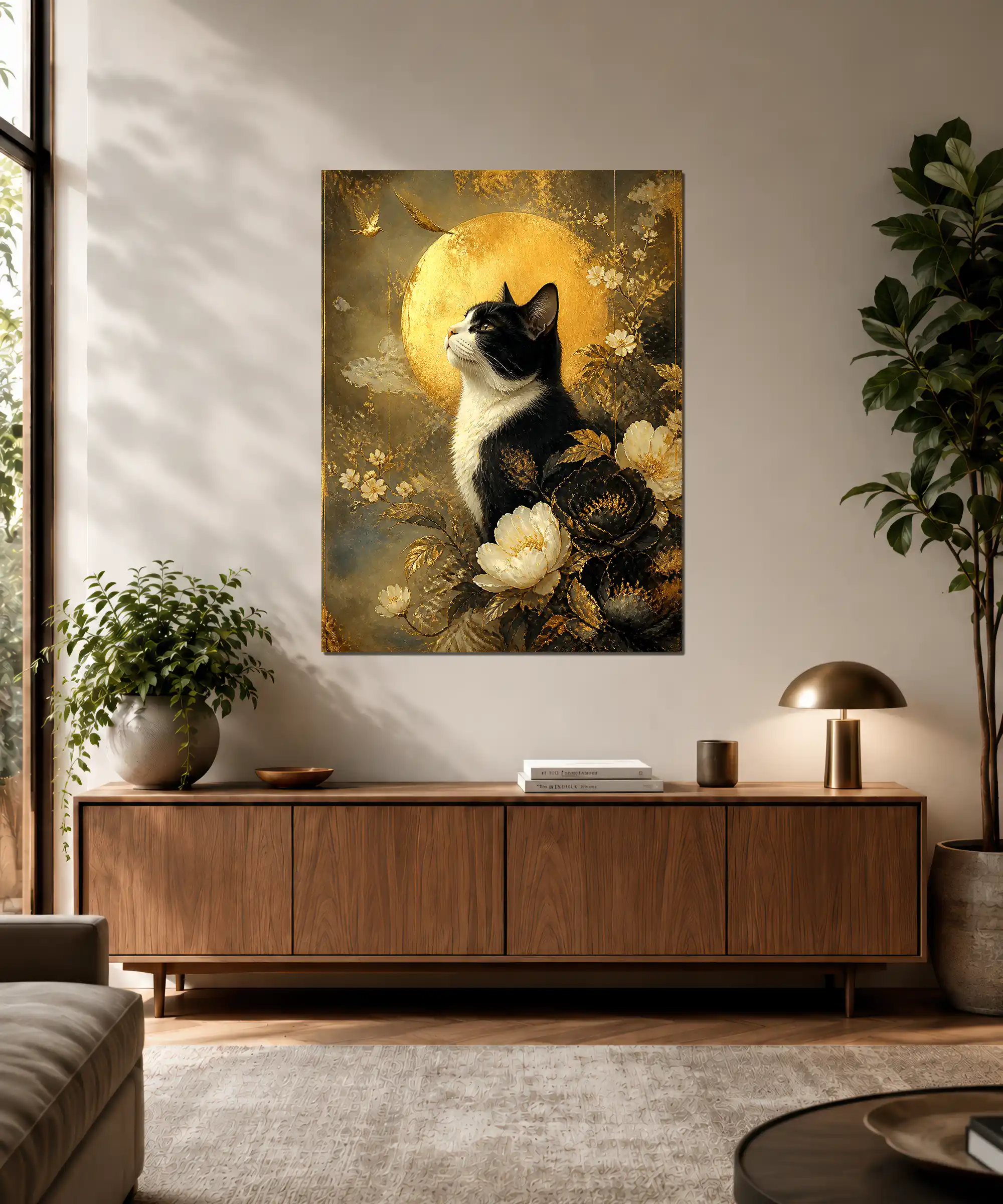 Moonlit Tuxedo Cat Aesthetic Poster 3 painting Moonlit tuxedo cat floral poster displayed in an elegant atmospheric interior