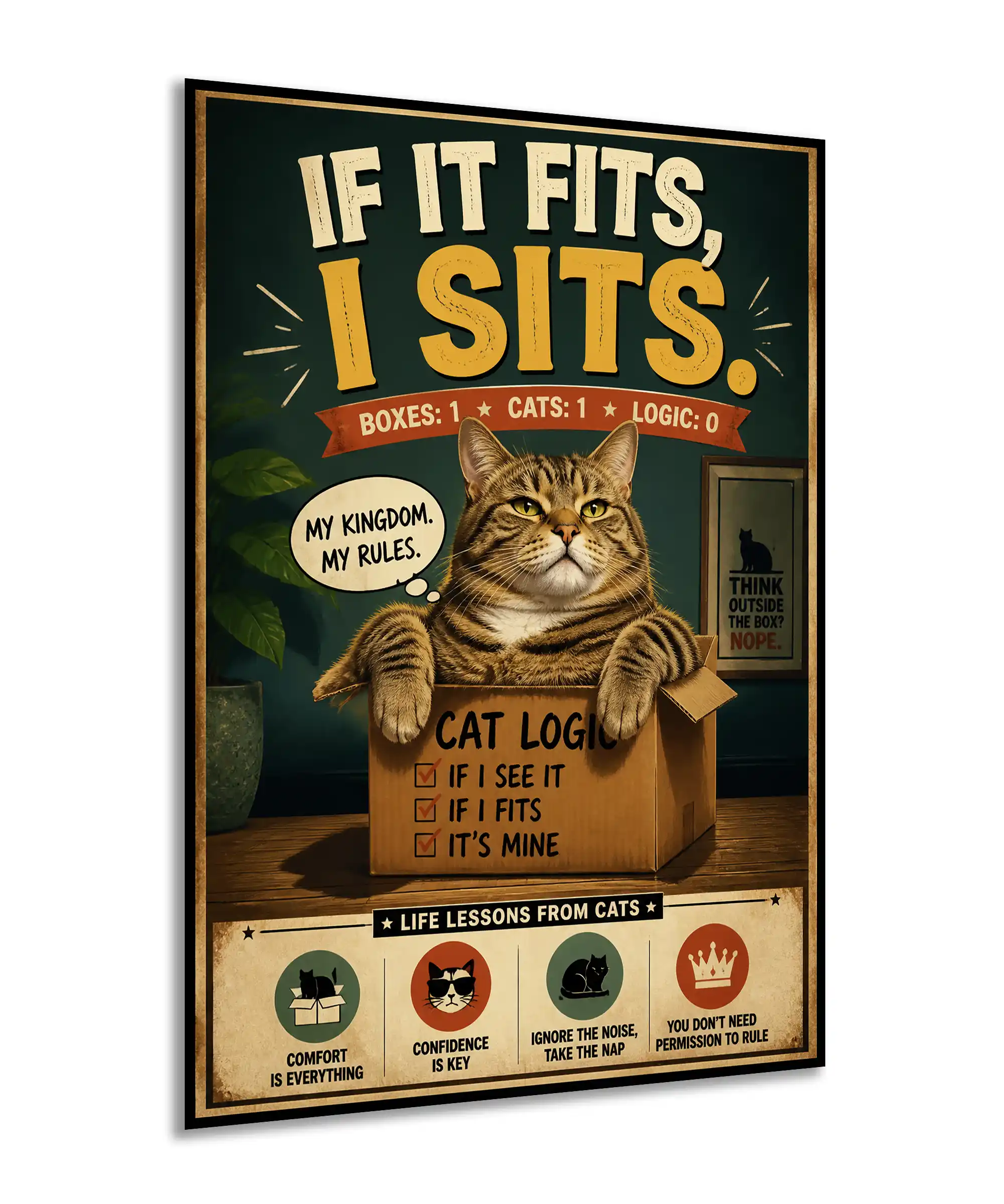 Cat Logic Cat Poster 2 painting Angled cat wall poster showing a tabby in a box with retro humorous text