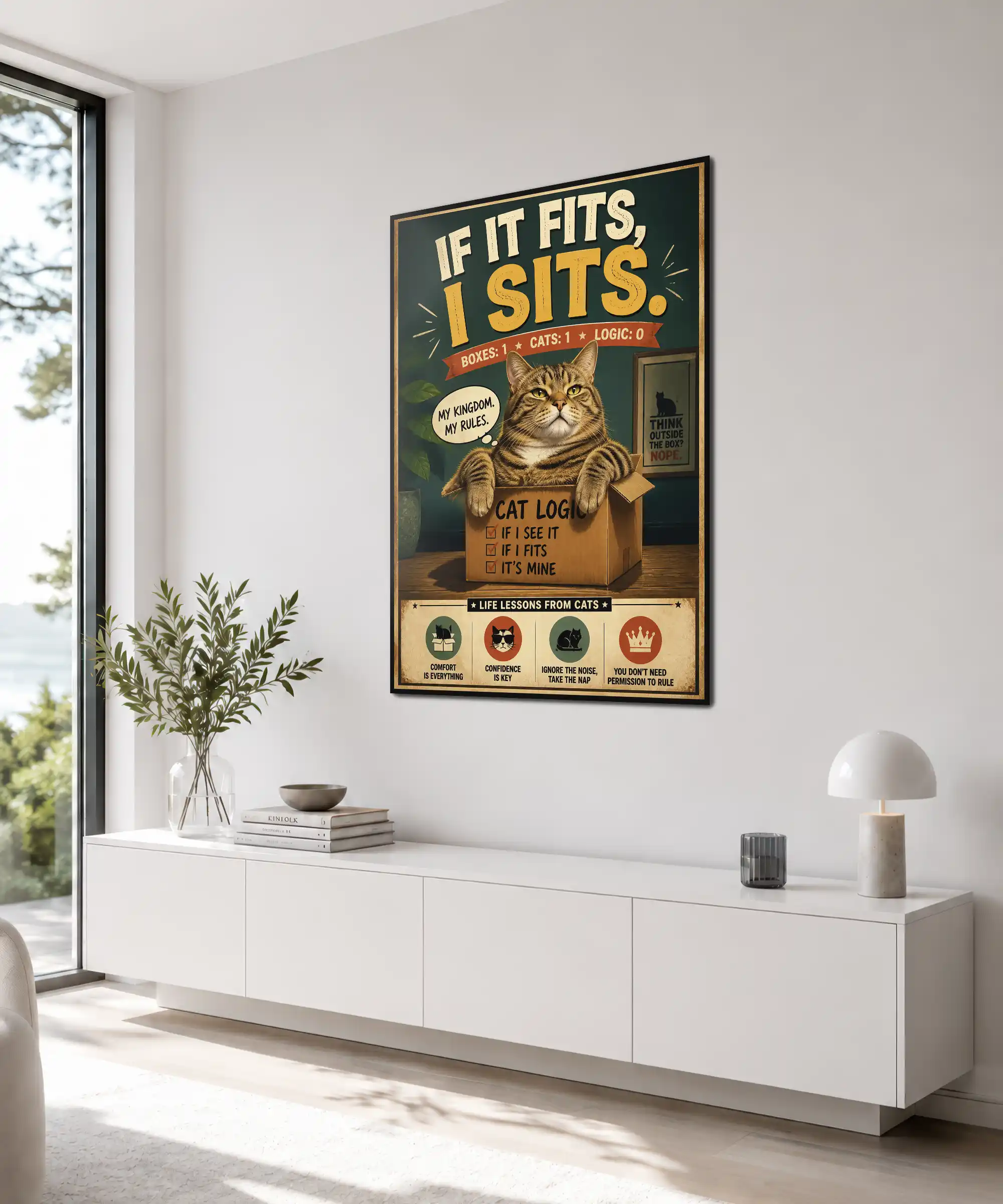 Cat Logic Cat Poster 4 painting Angled interior view of a vintage cat poster featuring a tabby in a cardboard box