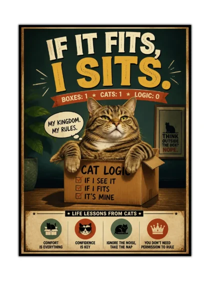 Vintage cat poster with a tabby in a box and bold If It Fits It Sits lettering
