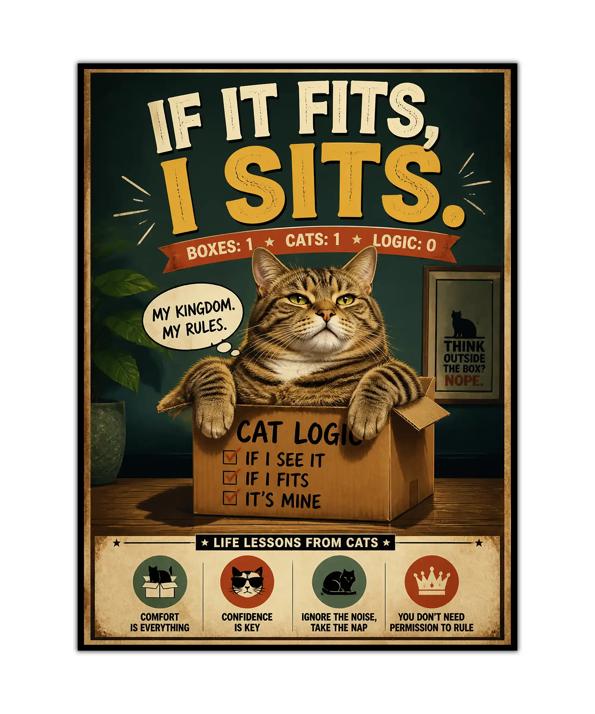 Cat Logic Cat Poster 1 painting Vintage cat poster with a tabby in a box and bold If It Fits It Sits lettering