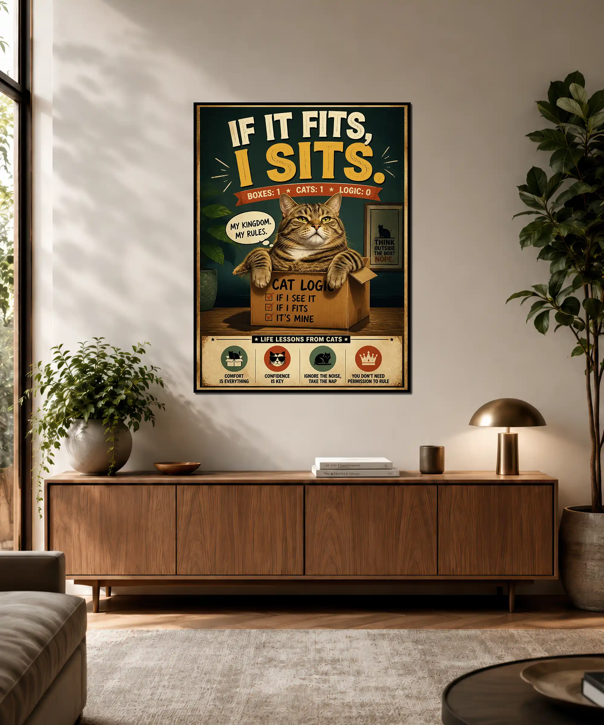 Cat Logic Cat Poster 3 painting Cat Logic poster displayed in an interior with a tabby cat and retro lettering