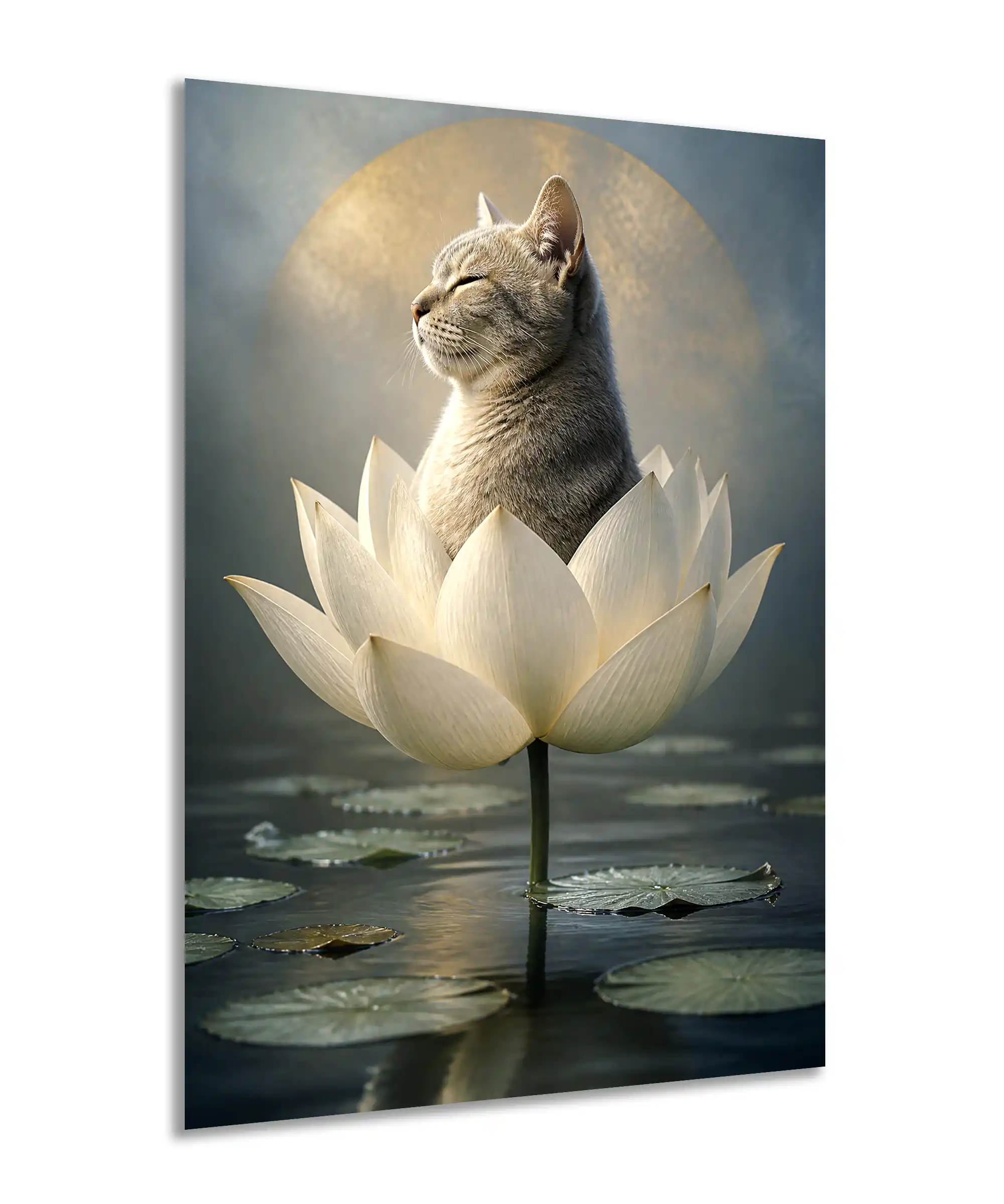 Lotus Cat Aesthetic Poster 2 painting Angled poster featuring a gray cat in a white lotus with moonlit water and lily pads