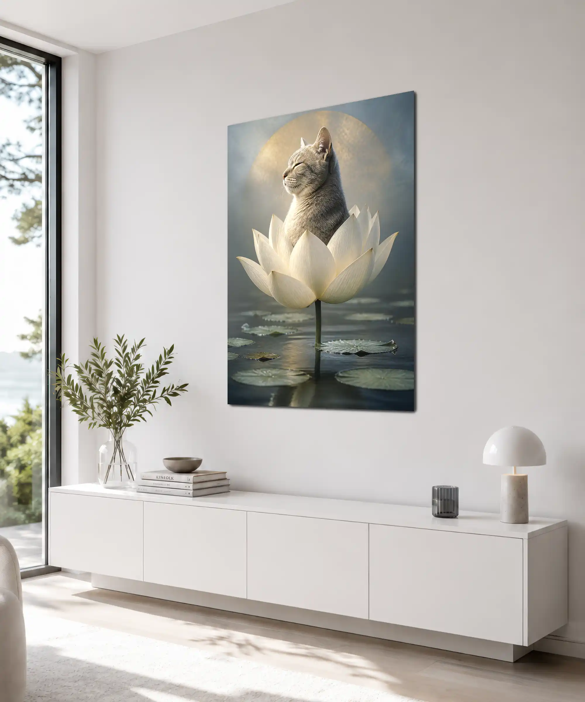 Lotus Cat Aesthetic Poster 4 painting Angled interior view of a gray cat lotus poster with dark water and moonlight