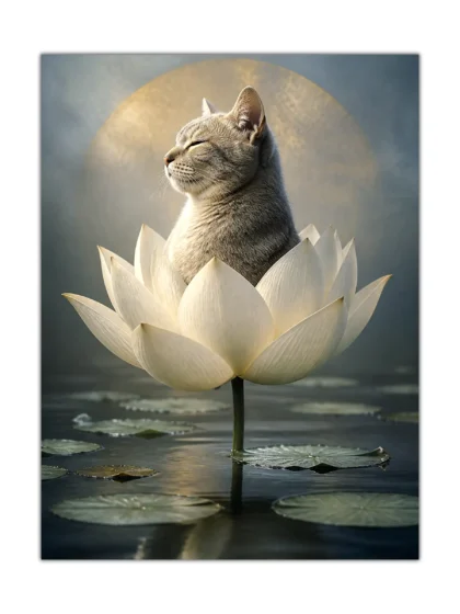 Gray cat sitting inside a white lotus flower above dark water under a full moon