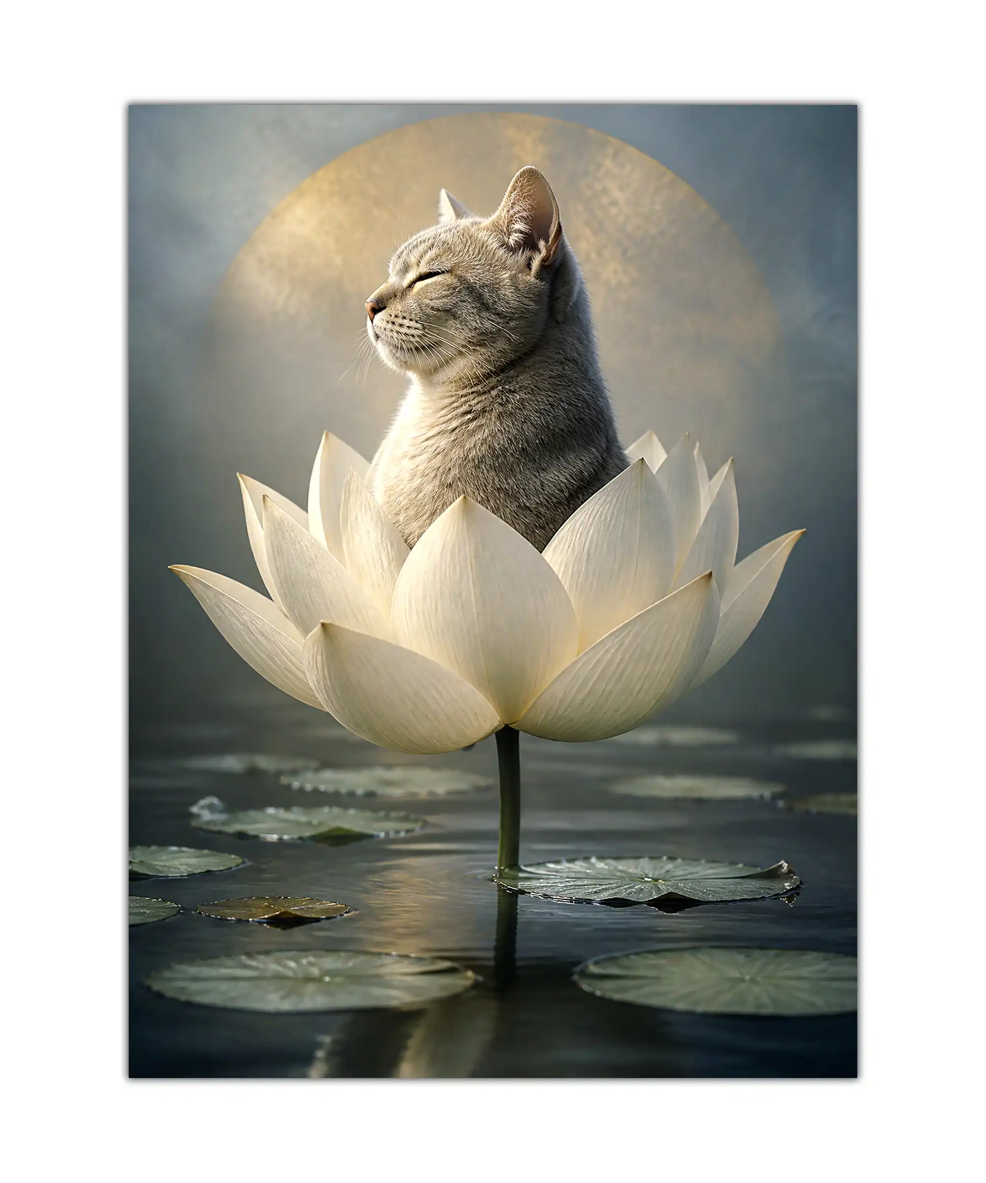 Lotus Cat Aesthetic Poster 1 painting Gray cat sitting inside a white lotus flower above dark water under a full moon