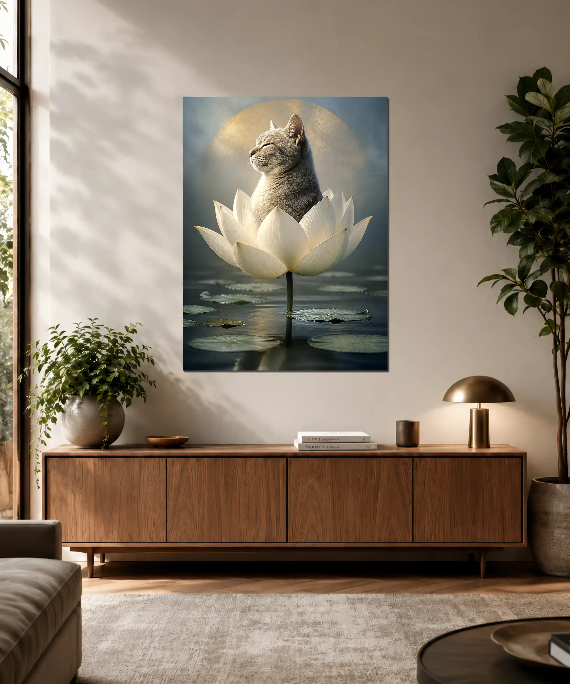 Lotus Cat Aesthetic Poster 3 painting Lotus cat poster displayed in an interior with a gray cat above moonlit water