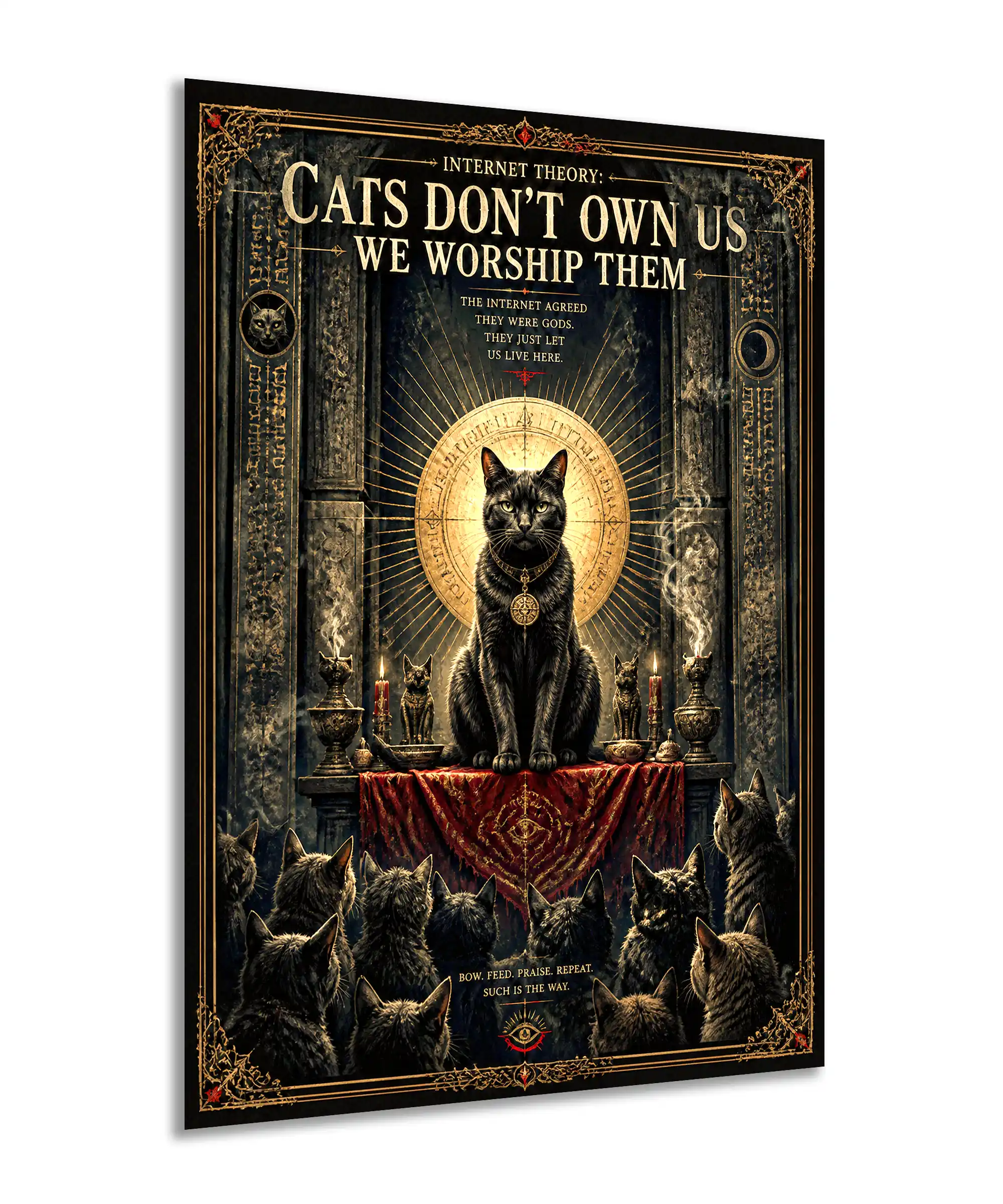 Cat Cult Cat Poster 2 painting Angled black cat cult poster with a candlelit temple, gold frame, and worshipping cats