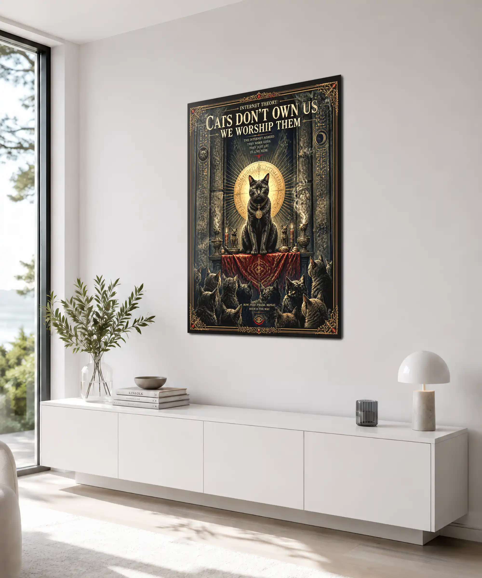 Cat Cult Cat Poster 4 painting Angled cat cult wall poster in an interior with candles, feline altar, and dark art style