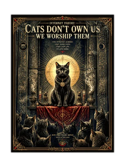Black cat worship poster showing a feline temple with candles, symbols, and gothic details