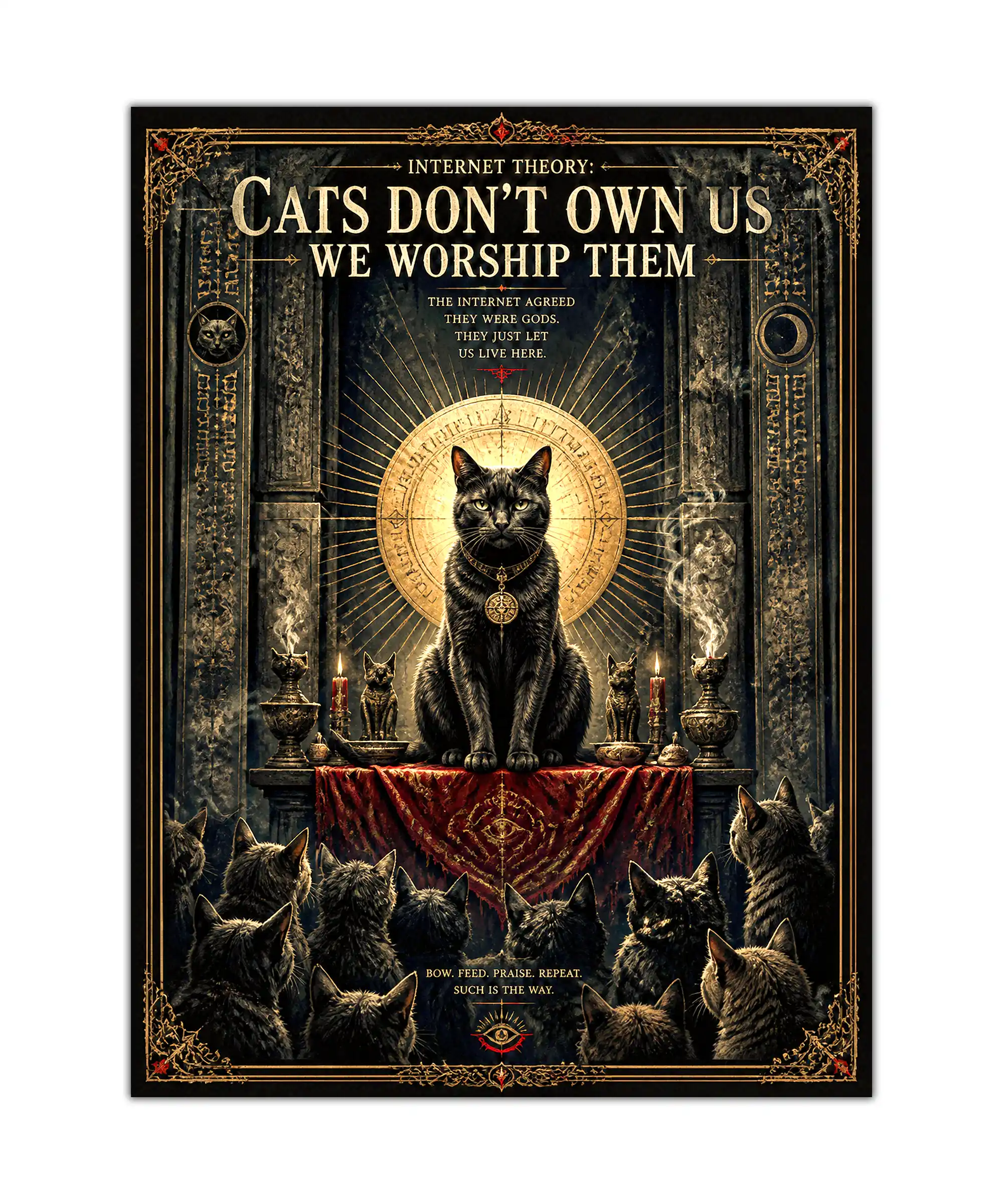 Cat Cult Cat Poster 1 painting Black cat worship poster showing a feline temple with candles, symbols, and gothic details