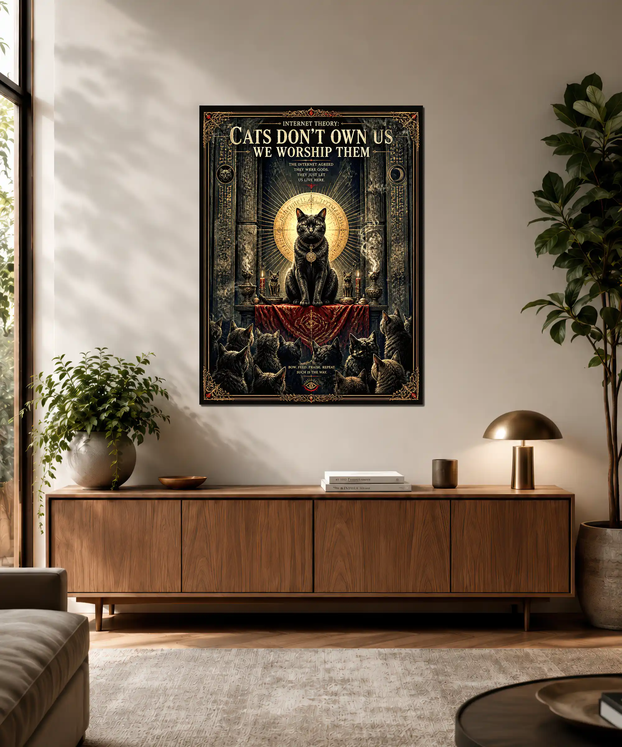 Cat Cult Cat Poster 3 painting Black cat worship wall poster displayed in an interior with gothic temple imagery