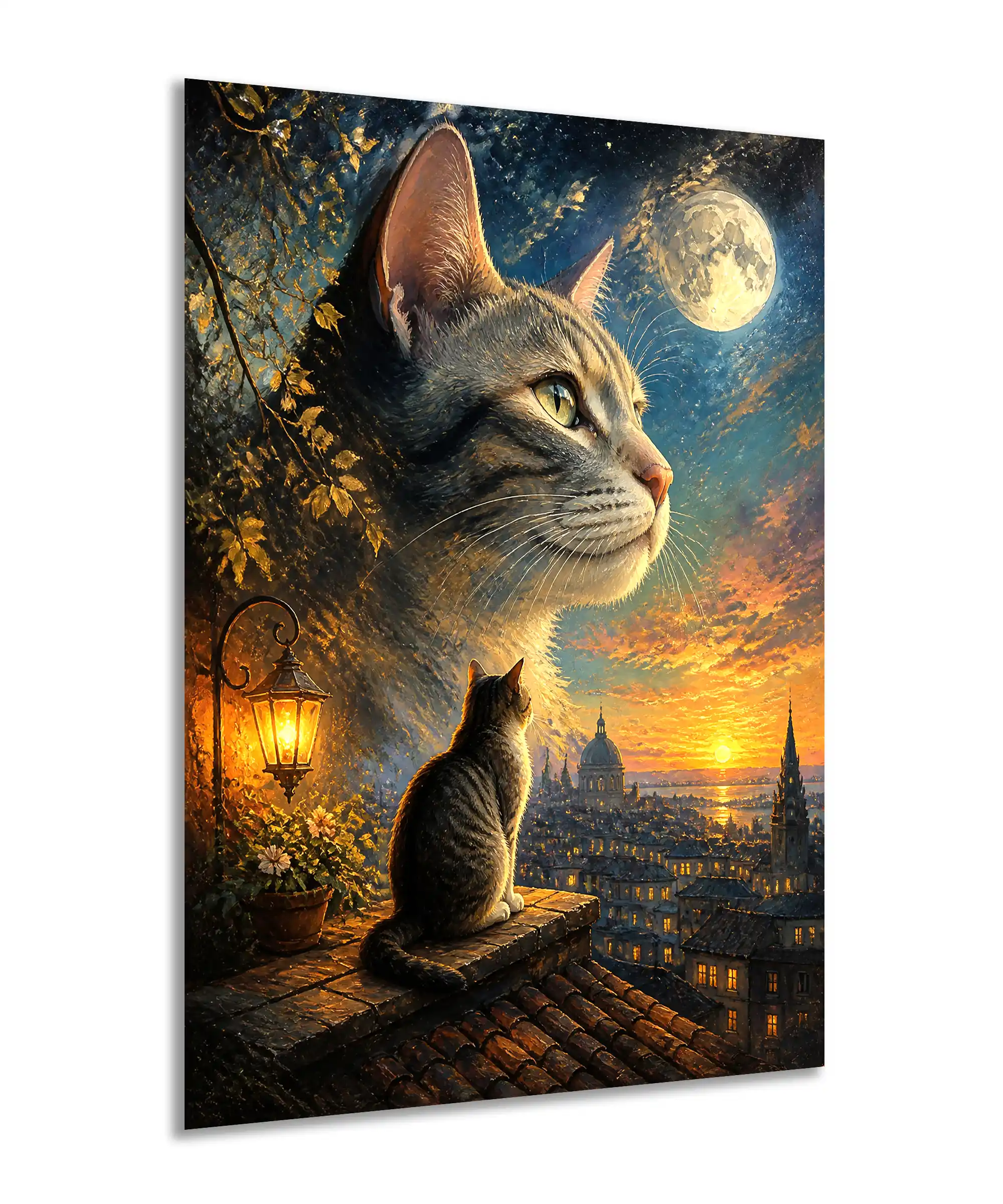 Moonlit Cat Aesthetic Poster 2 painting Angled moonlit cat poster featuring a rooftop cat, city skyline, lantern, and glowing moon