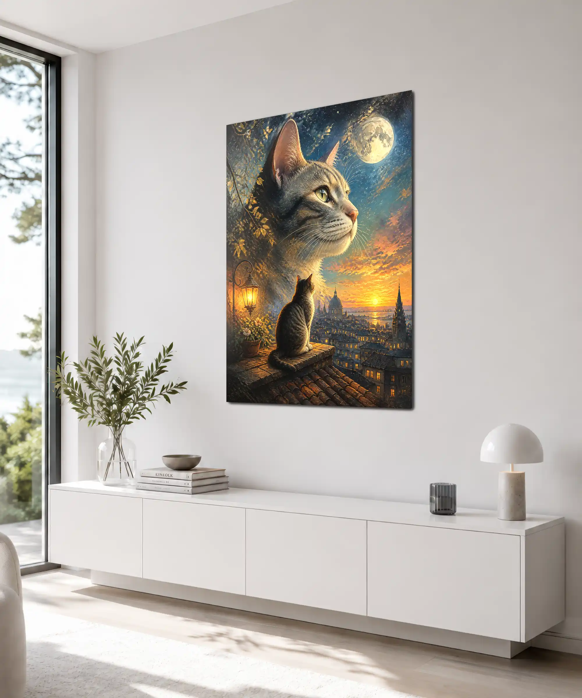 Moonlit Cat Aesthetic Poster 4 painting Angled interior view of moonlit cat wall art with glowing rooftops and a large moon