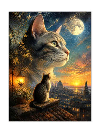 Moonlit cat poster showing a rooftop feline above a glowing city and large bright moon