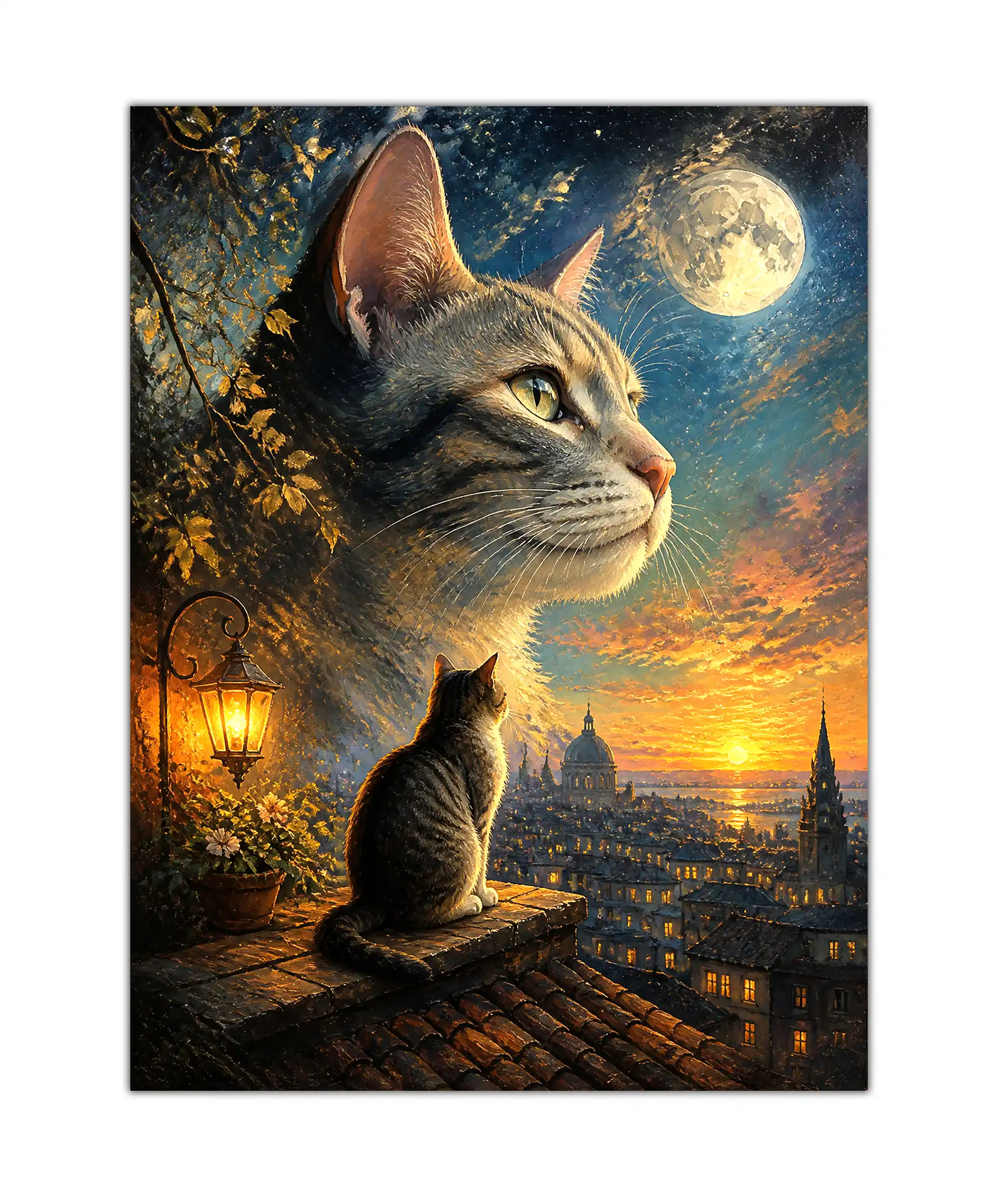 Moonlit Cat Aesthetic Poster 1 painting Moonlit cat poster showing a rooftop feline above a glowing city and large bright moon