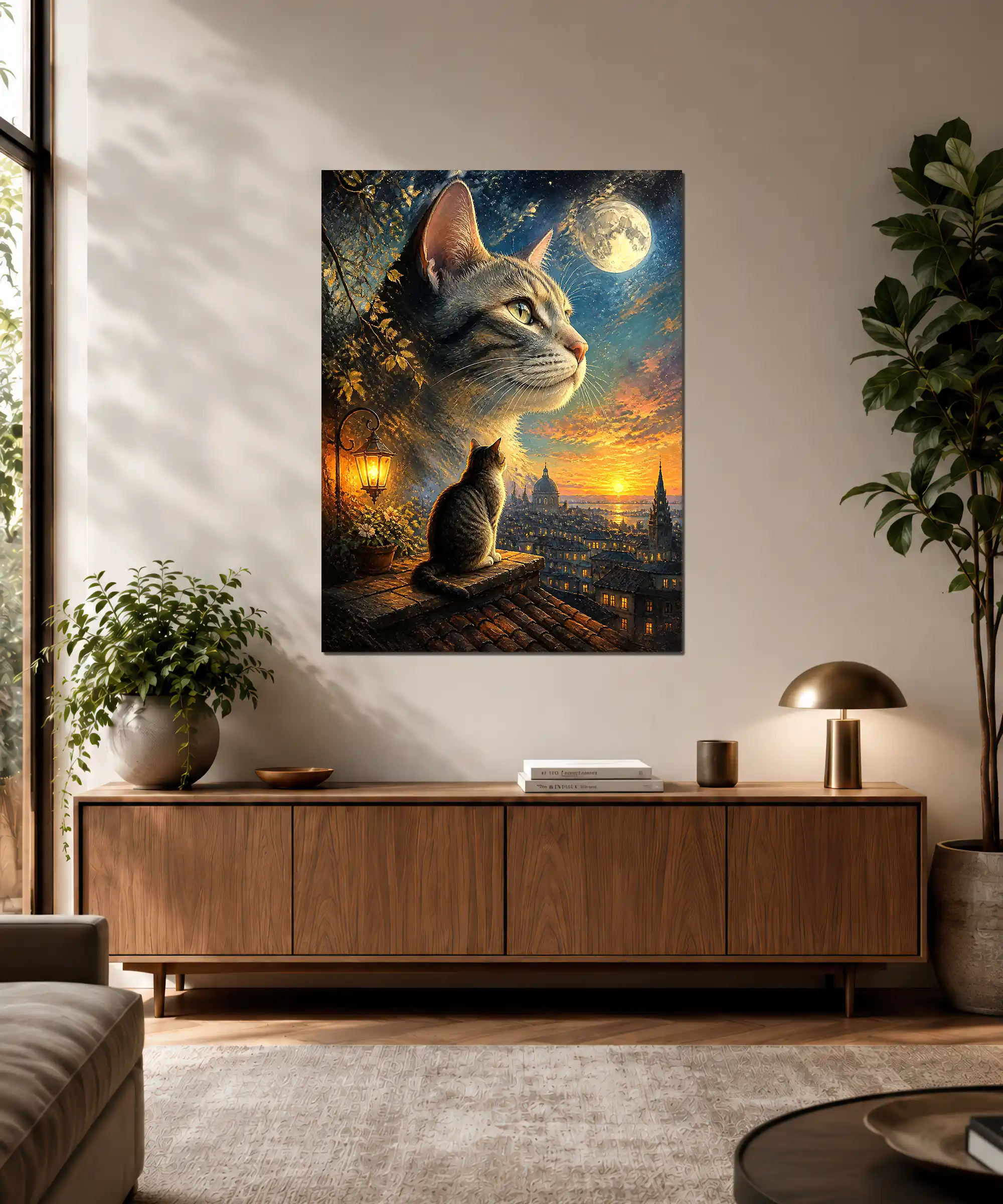 Moonlit Cat Aesthetic Poster 3 painting Moonlit cat wall art displayed in an interior with a rooftop feline and glowing city