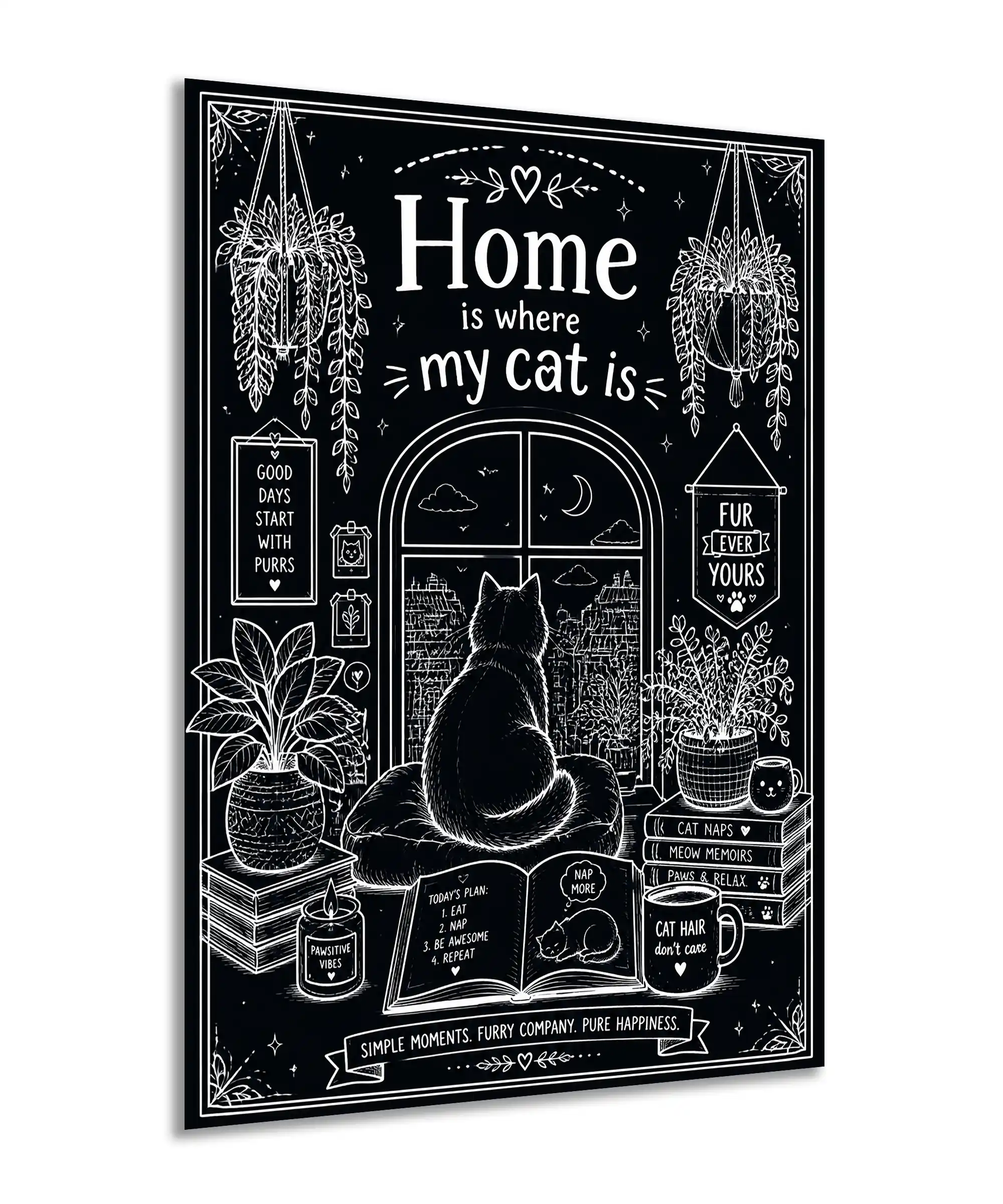 Feline Aesthetic Poster 2 painting Angled view of black and white cat poster with plants, books, window, and cozy home details