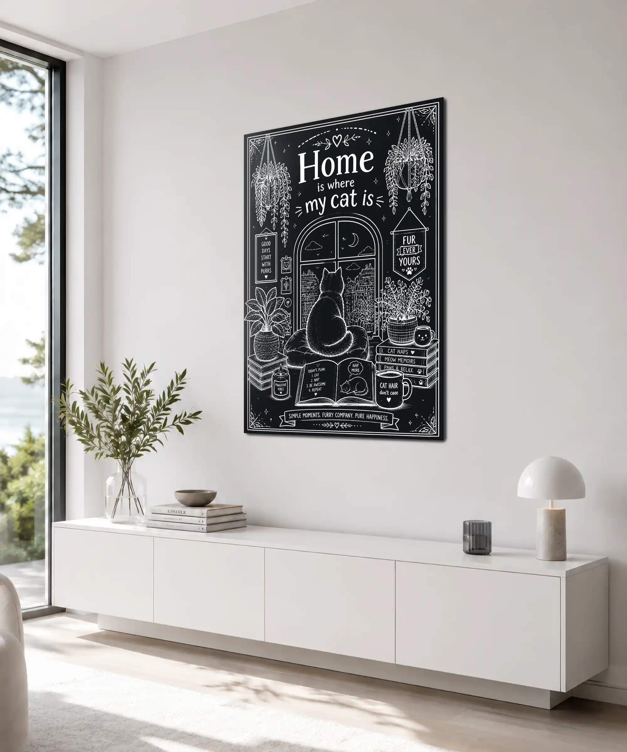 Feline Aesthetic Poster 4 painting Angled cat aesthetic poster displayed on a home wall with cozy reading decor