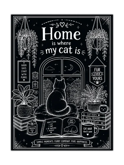 Black and white cat sitting at a window with plants and books in an illustrated poster