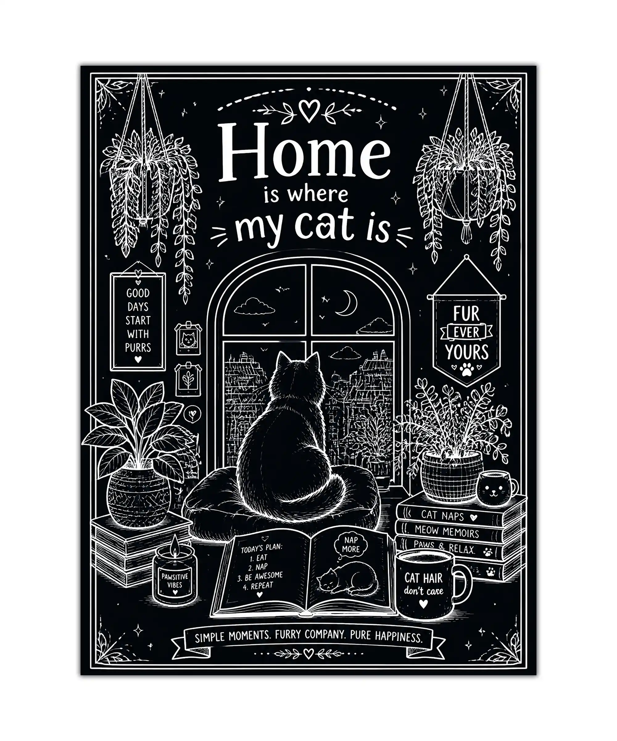 Feline Aesthetic Poster 1 painting Black and white cat sitting at a window with plants and books in an illustrated poster