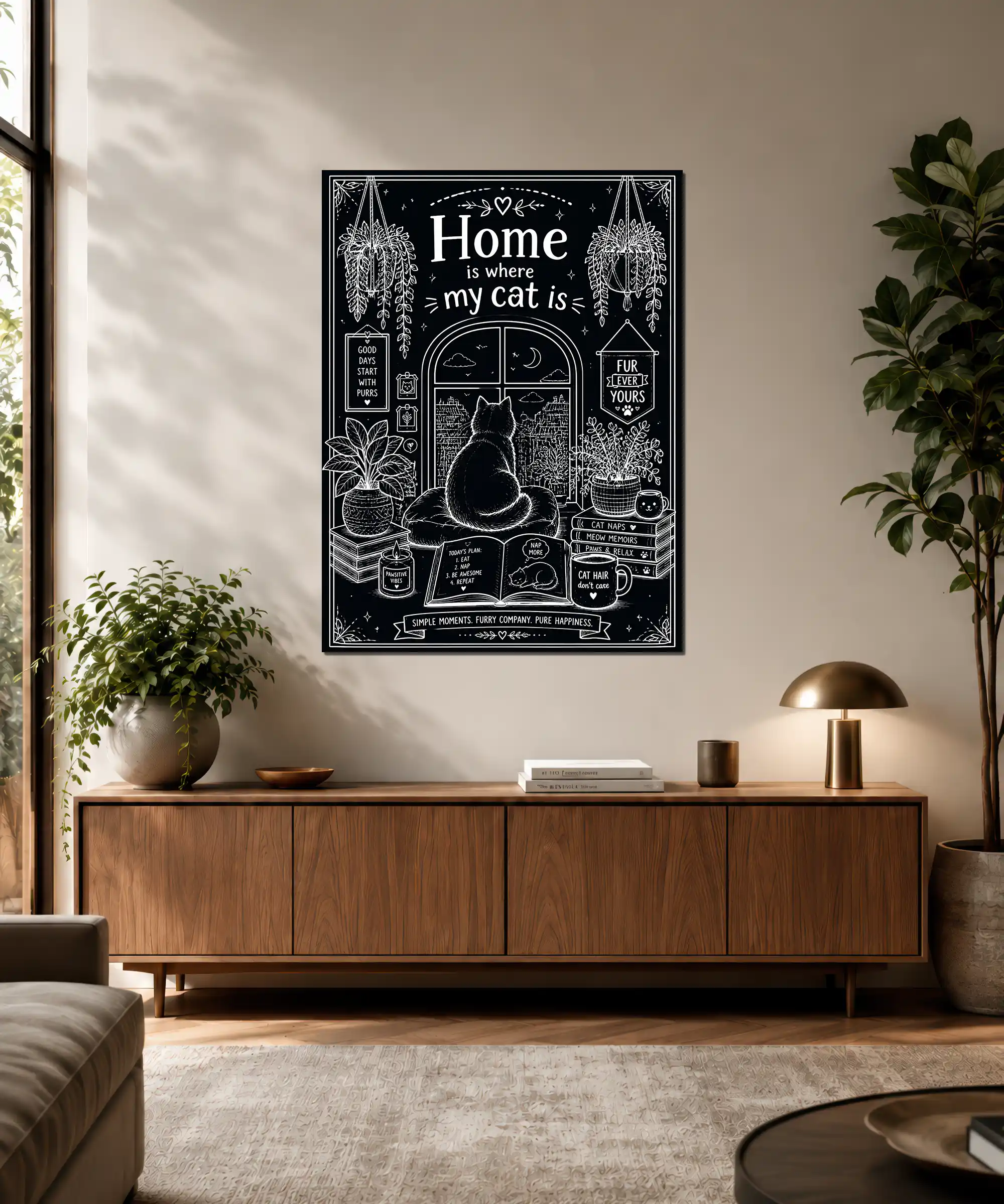 Feline Aesthetic Poster 3 painting Black and white illustrated cat poster displayed in a cozy reading nook interior