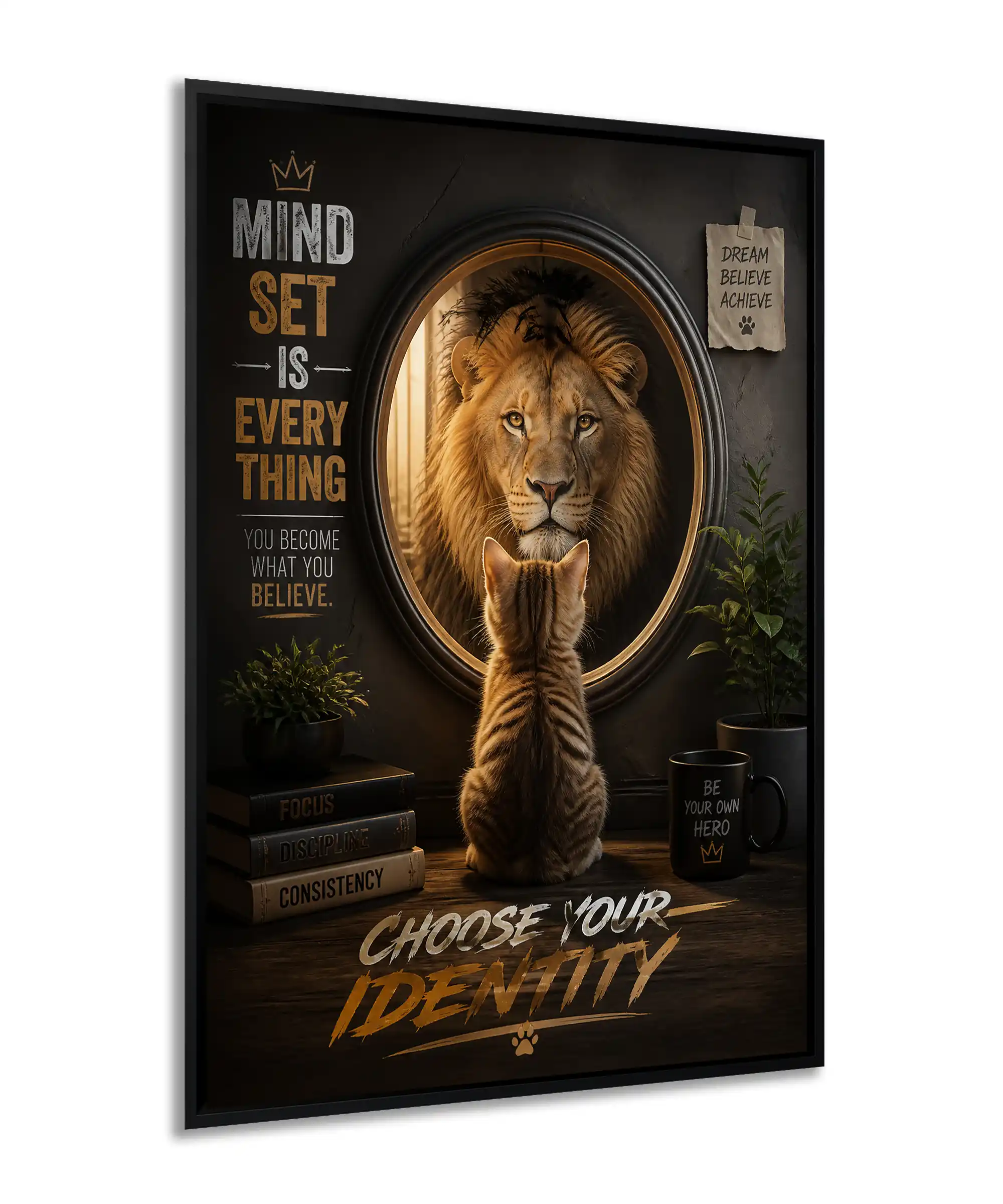 Choose Identity Lion Poster 2 painting Angled lion and kitten motivational poster with mirror reflection and dark golden tones