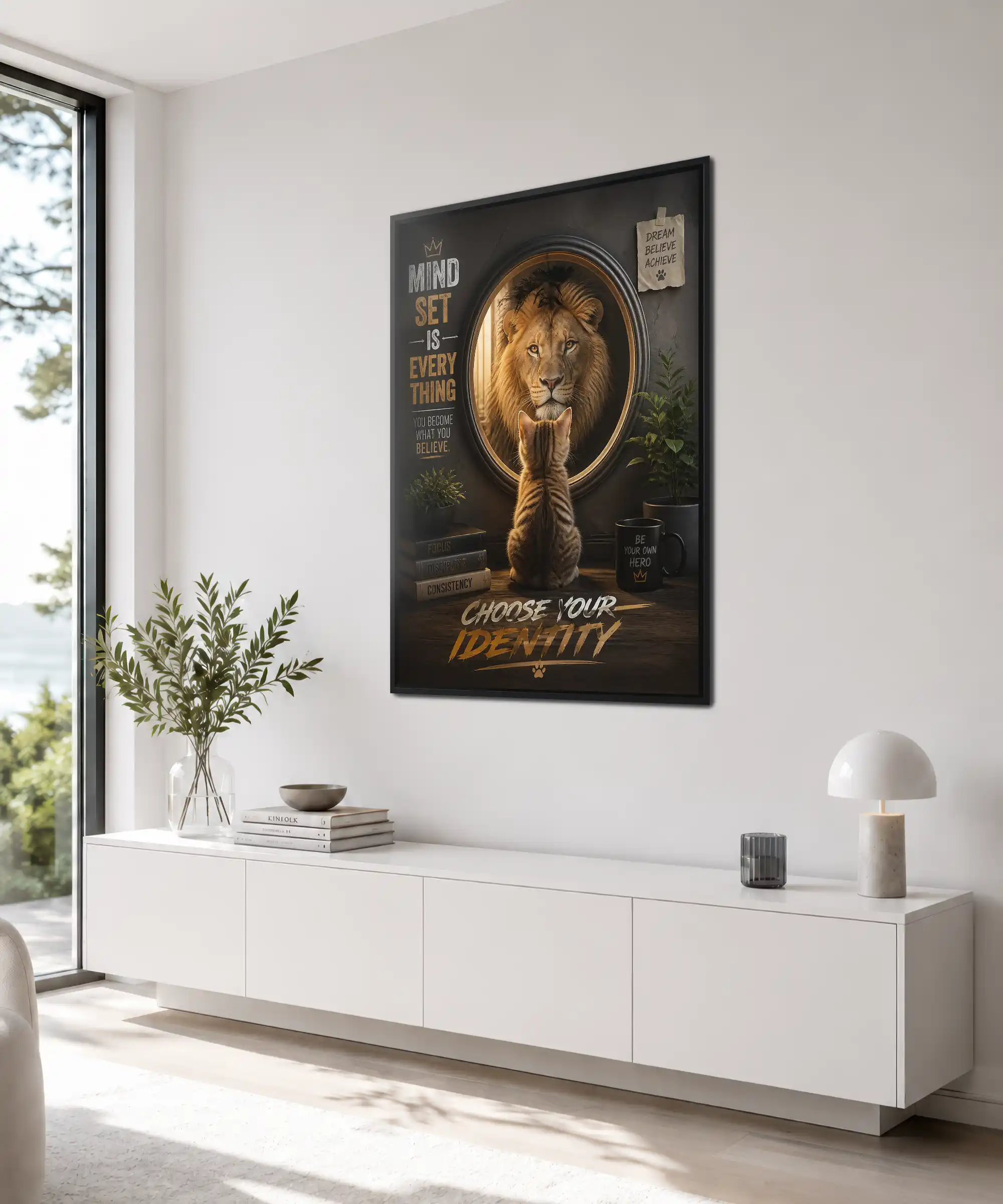 Choose Identity Lion Poster 4 painting Angled lion poster with kitten reflection displayed in a warm creative workspace