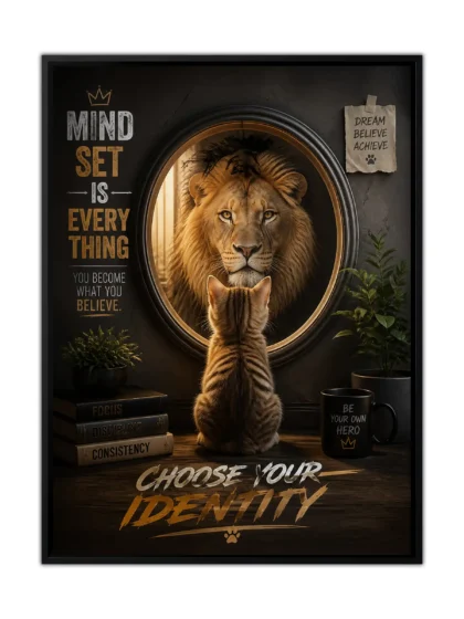 Motivational lion poster showing a tabby kitten facing a lion in a golden mirror