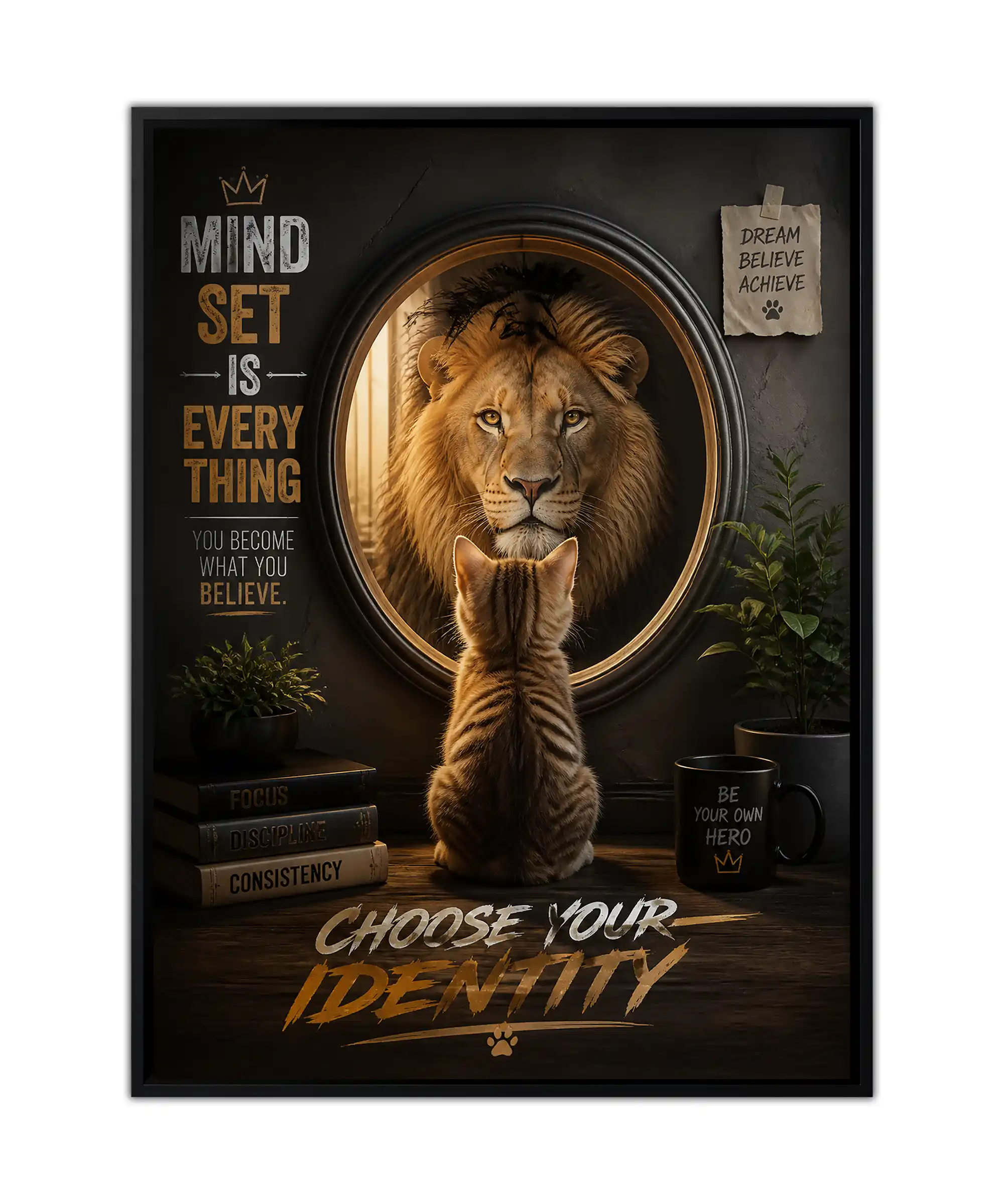 Choose Identity Lion Poster 1 painting Motivational lion poster showing a tabby kitten facing a lion in a golden mirror