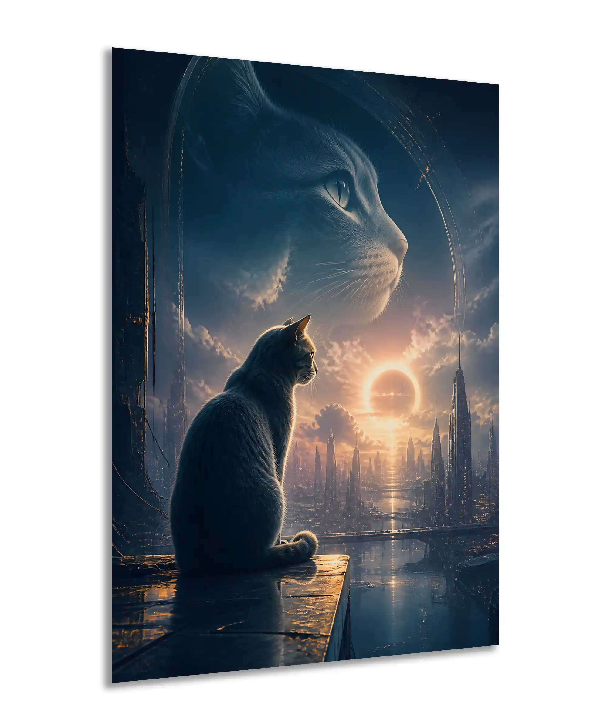 Eclipse Cat Aesthetic Poster 2 painting Angled surreal cat poster showing a futuristic skyline beneath a glowing eclipse