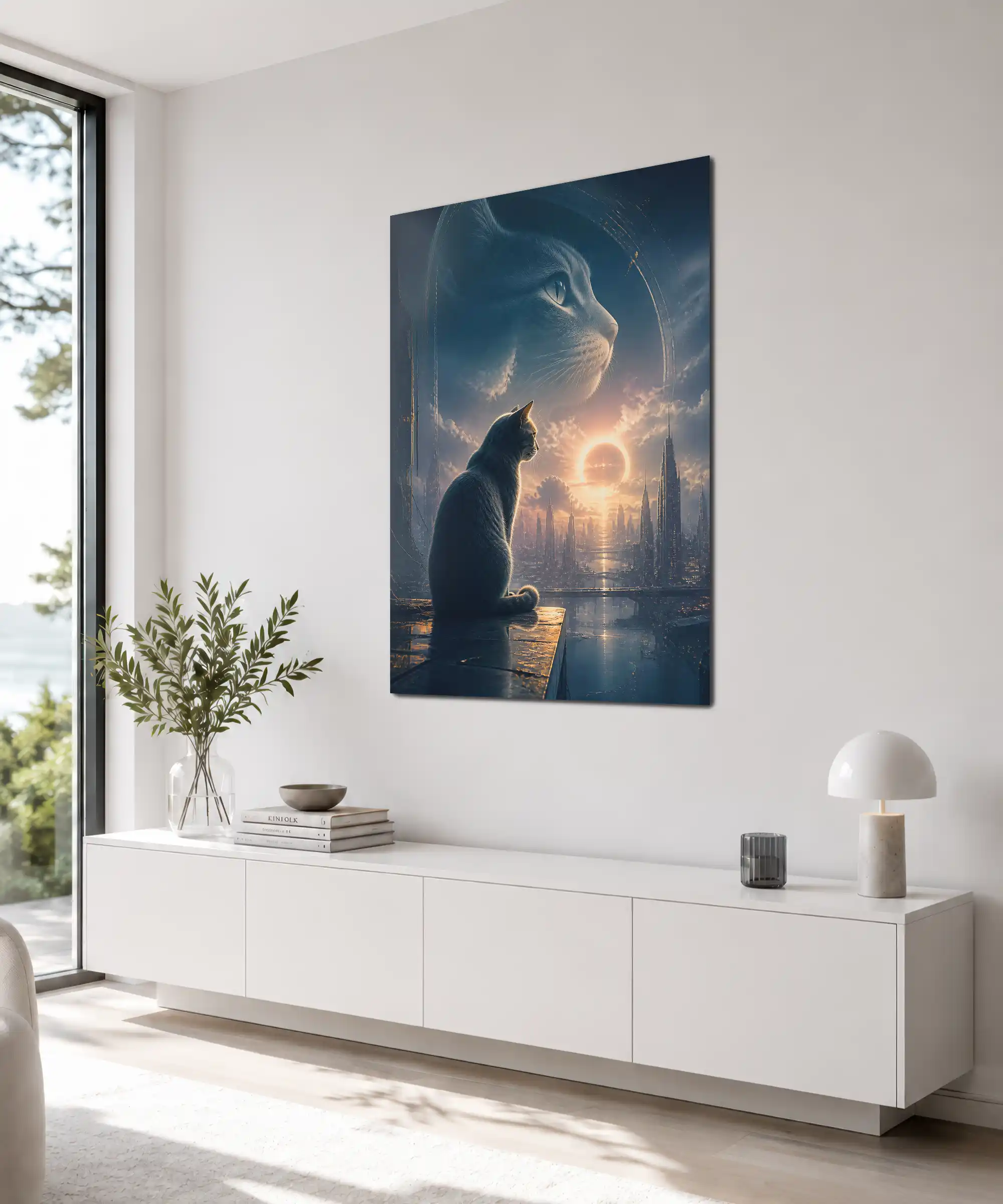 Eclipse Cat Aesthetic Poster 4 painting Angled cat wall art in an interior with a ringed eclipse and sci fi skyline