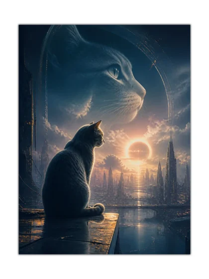 Surreal cat poster with a seated feline, ringed eclipse, and futuristic city skyline