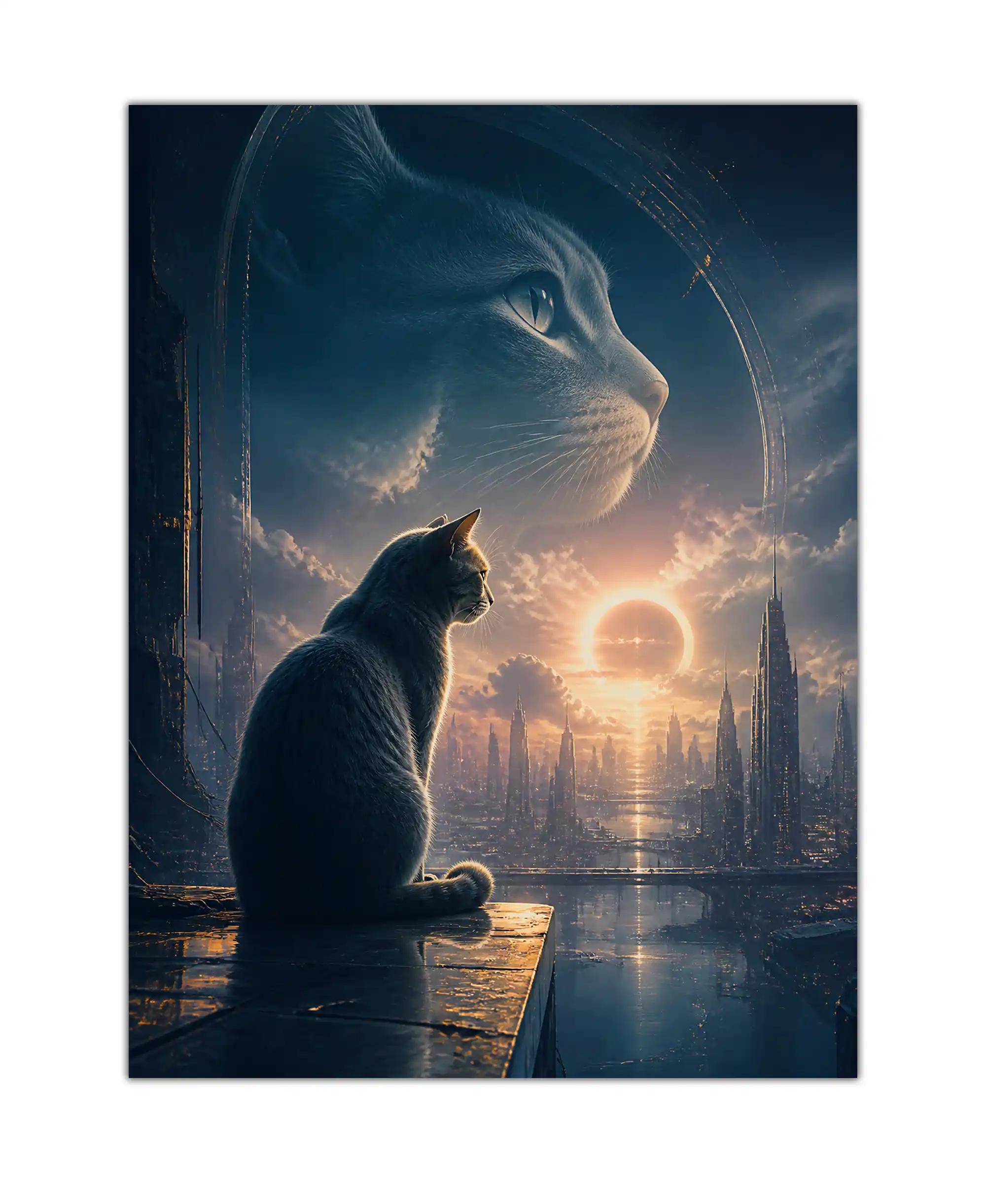 Eclipse Cat Aesthetic Poster 1 painting Surreal cat poster with a seated feline, ringed eclipse, and futuristic city skyline