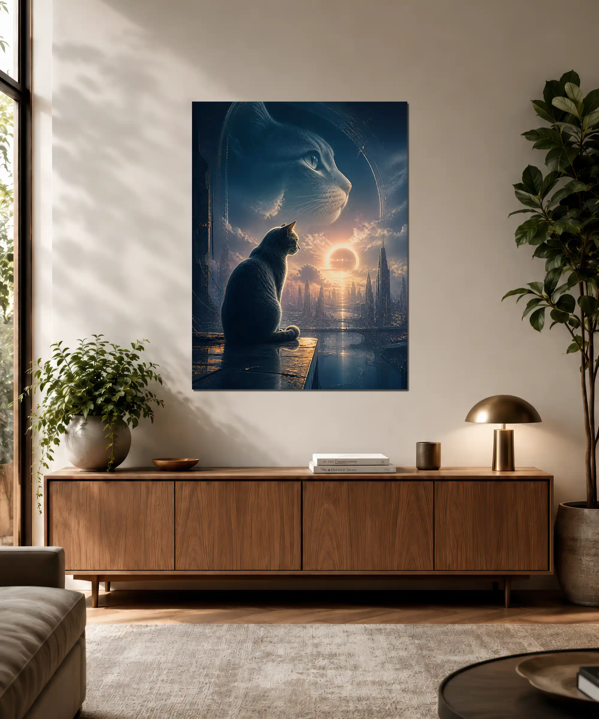 Eclipse Cat Aesthetic Poster 3 painting Eclipse cat wall art displayed in an interior with a futuristic city scene