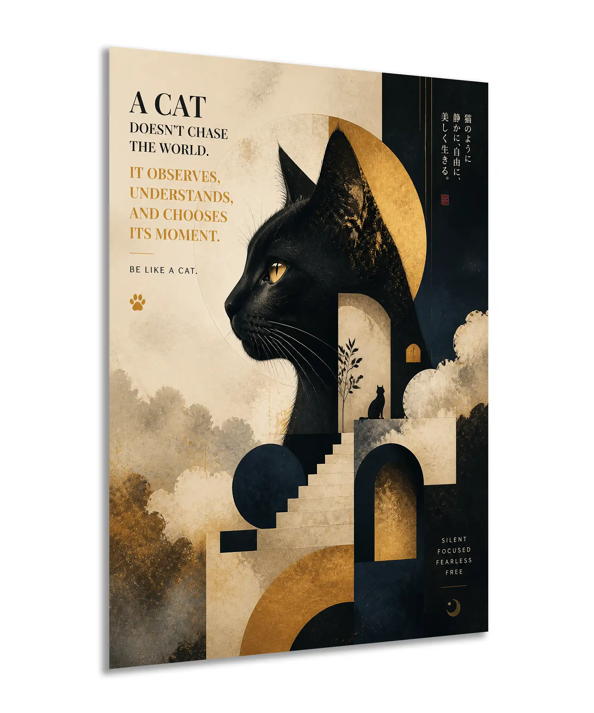 Observant Cat Aesthetic Poster 2 painting Angled black cat wall poster with gold moon, dark navy shapes, and quiet geometric design