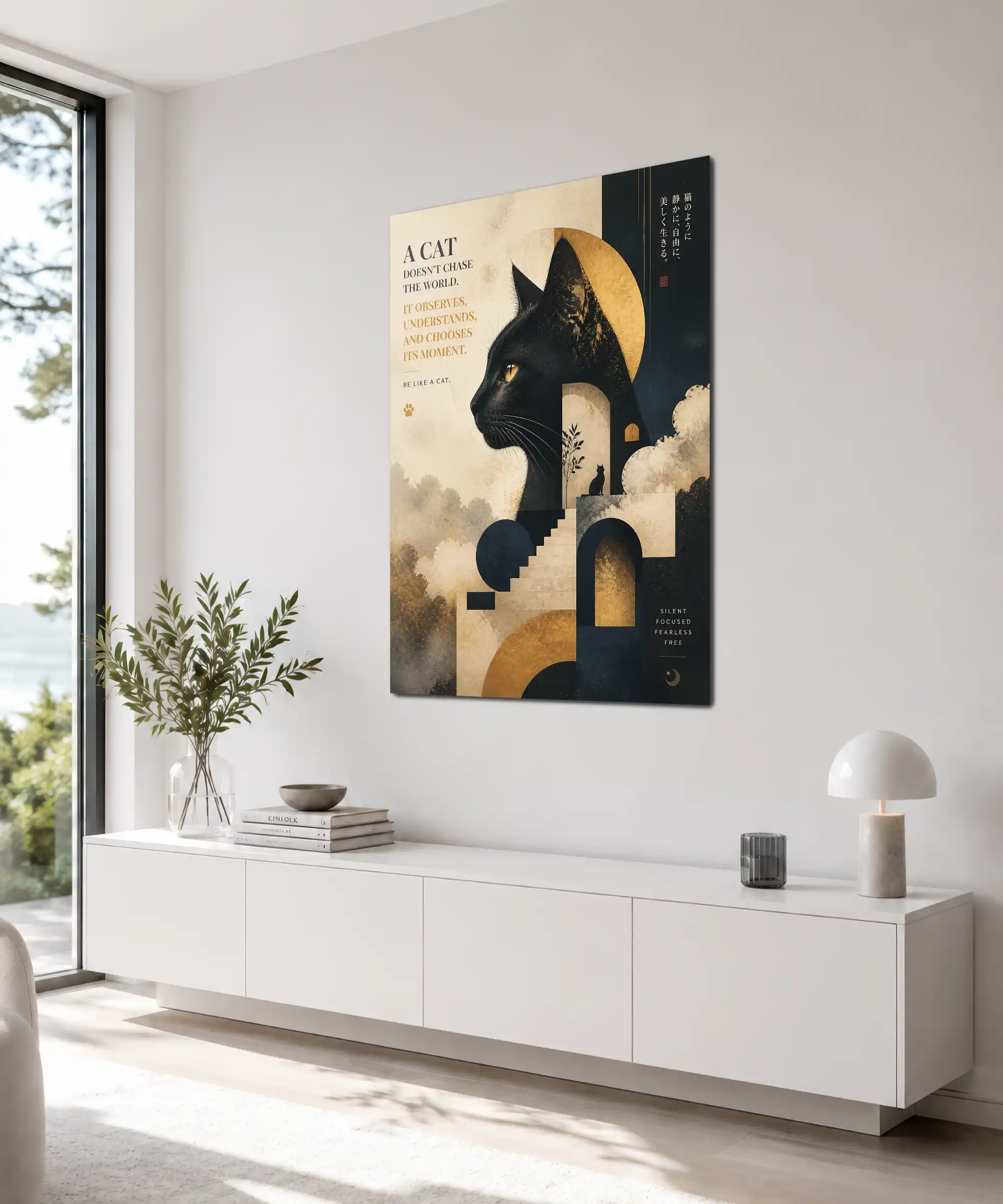 Observant Cat Aesthetic Poster 4 painting Angled cat poster in a room with amber moonlight, geometric arches, and a mysterious dark palette