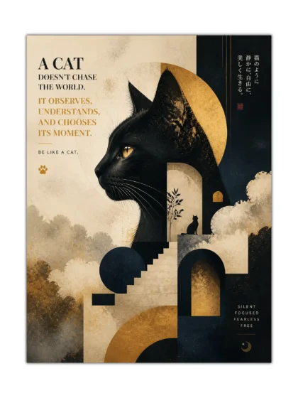 Black cat poster with amber eye, golden moon, geometric arches, and Japanese-inspired lettering