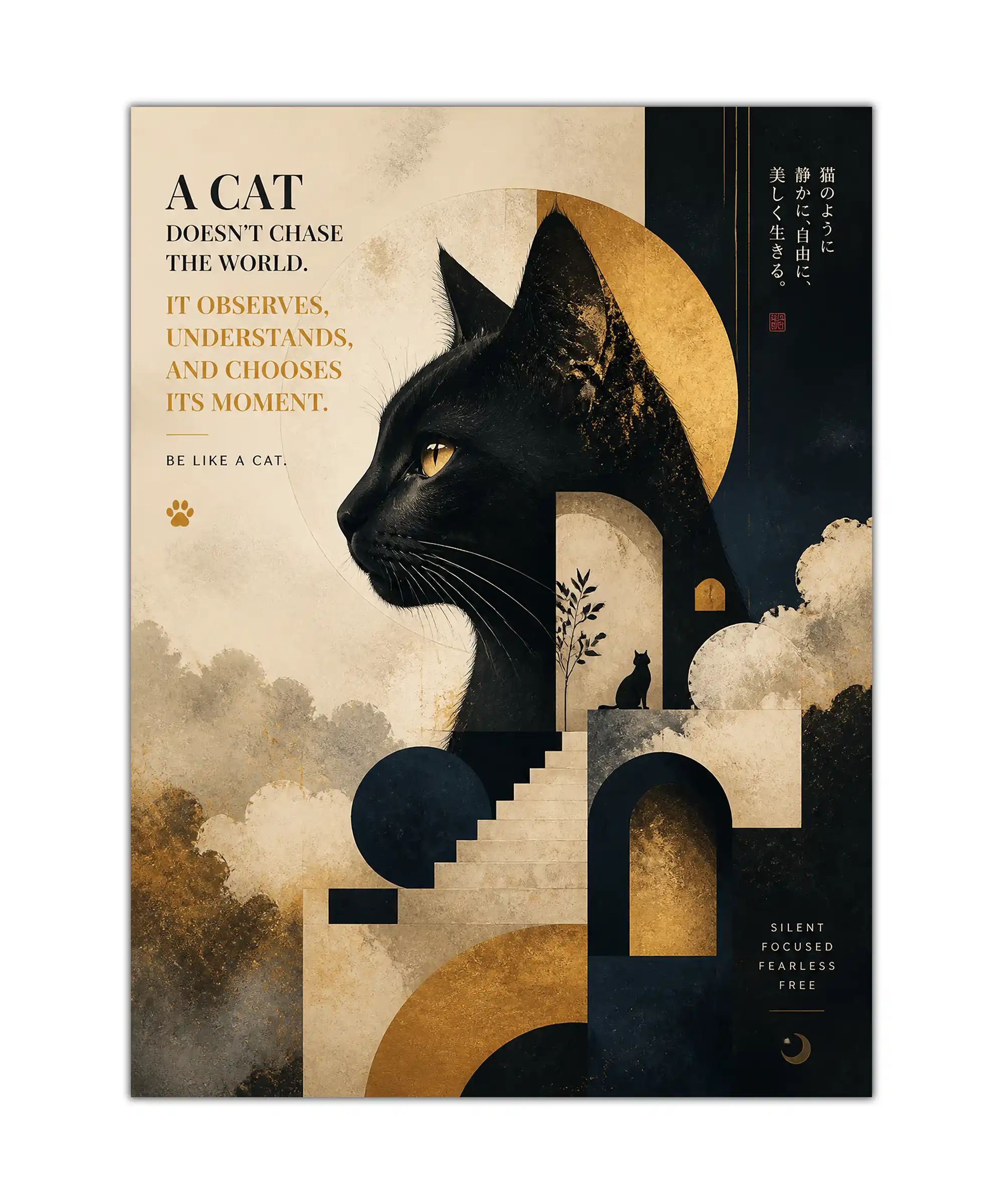 Observant Cat Aesthetic Poster 1 painting Black cat poster with amber eye, golden moon, geometric arches, and Japanese-inspired lettering
