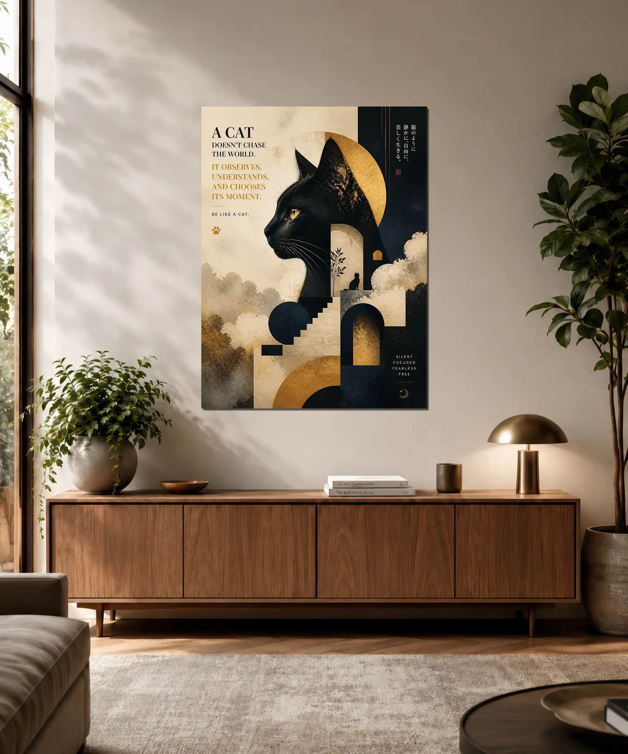 Observant Cat Aesthetic Poster 3 painting Black cat aesthetic poster displayed in an interior with gold, cream, and navy geometric details
