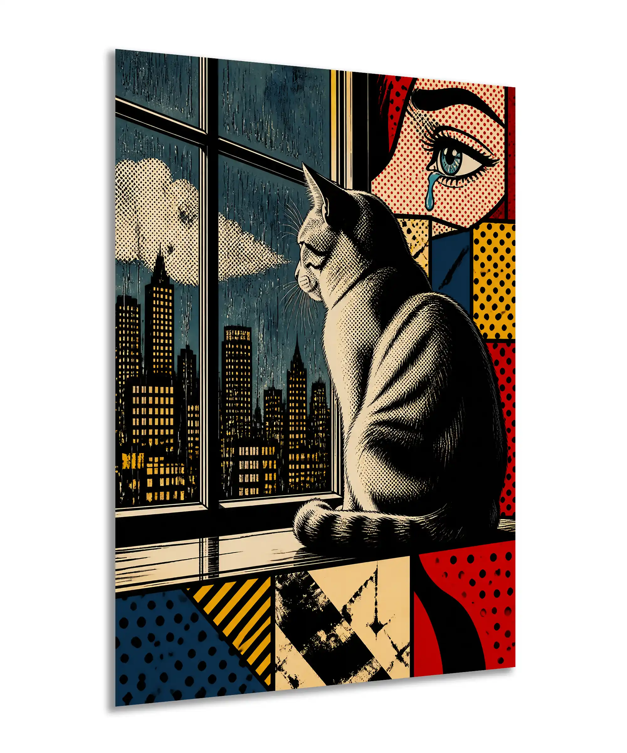Midnight Cat Aesthetic Poster 2 painting Angled cat wall poster featuring a nighttime skyline and bold red and blue comic-book design